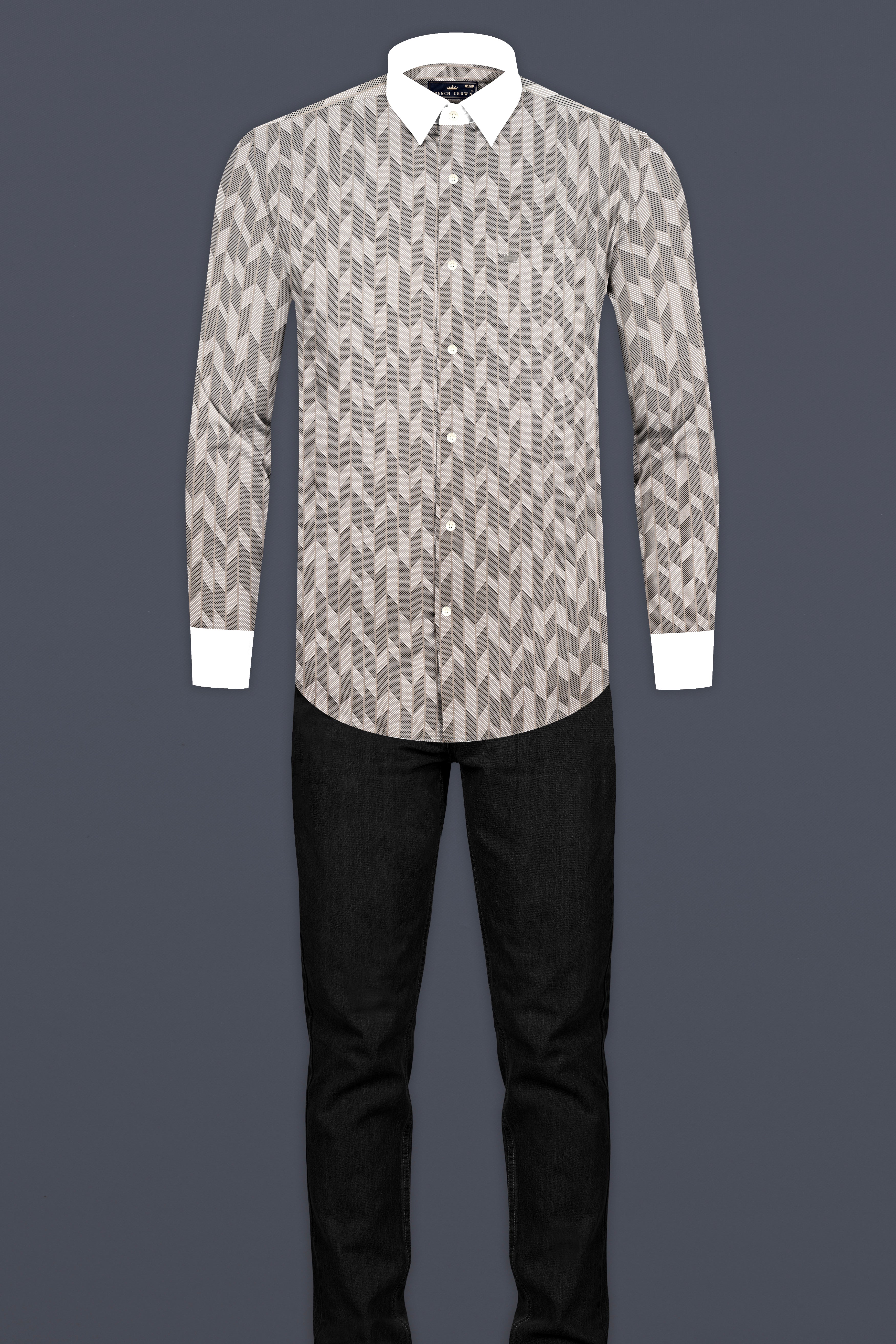 Oyster Gray And Bright White Printed Giza Cotton Shirt