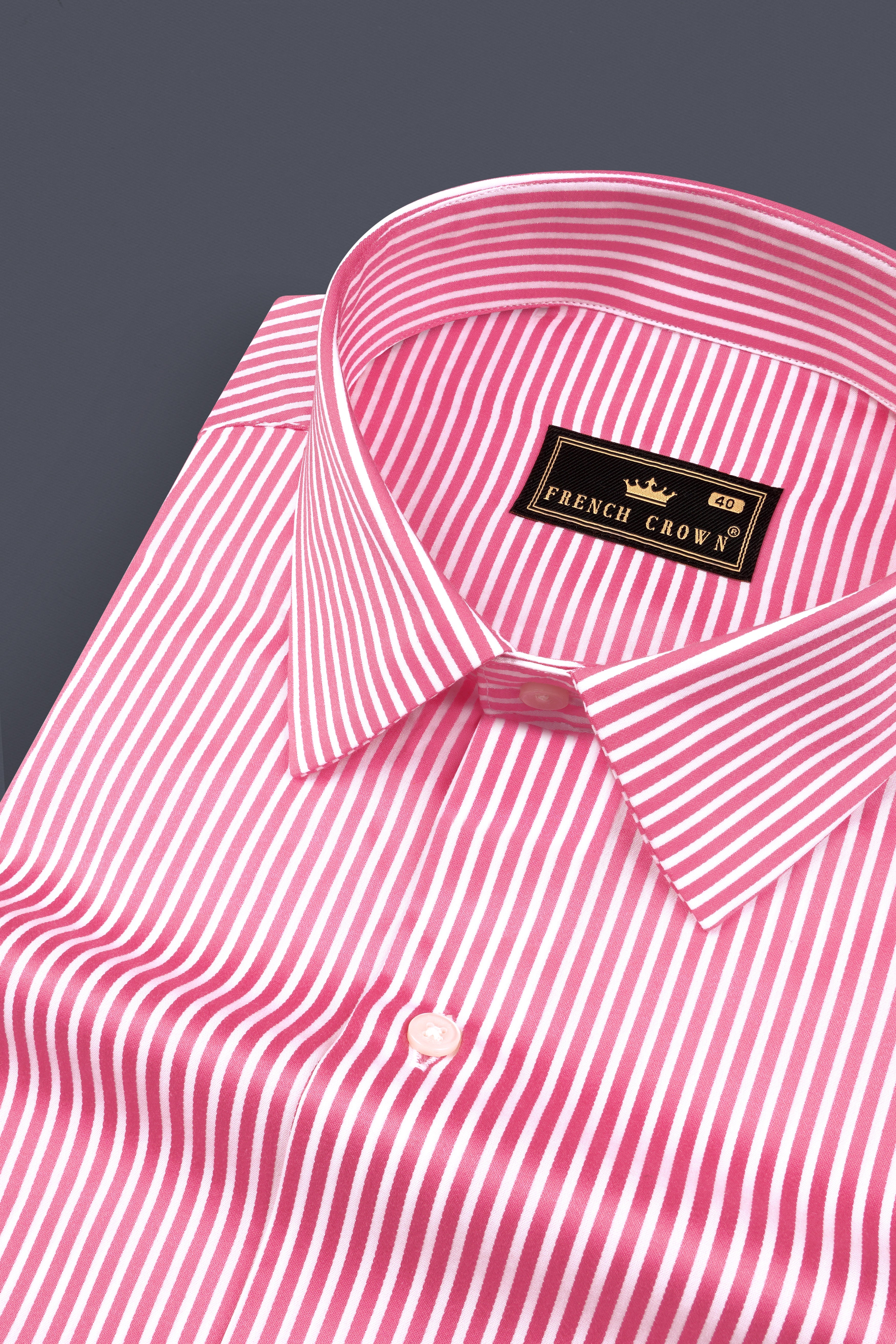 Brink Pink And Bright White Stripes Dobby Textured Premium Giza Cotton Shirt