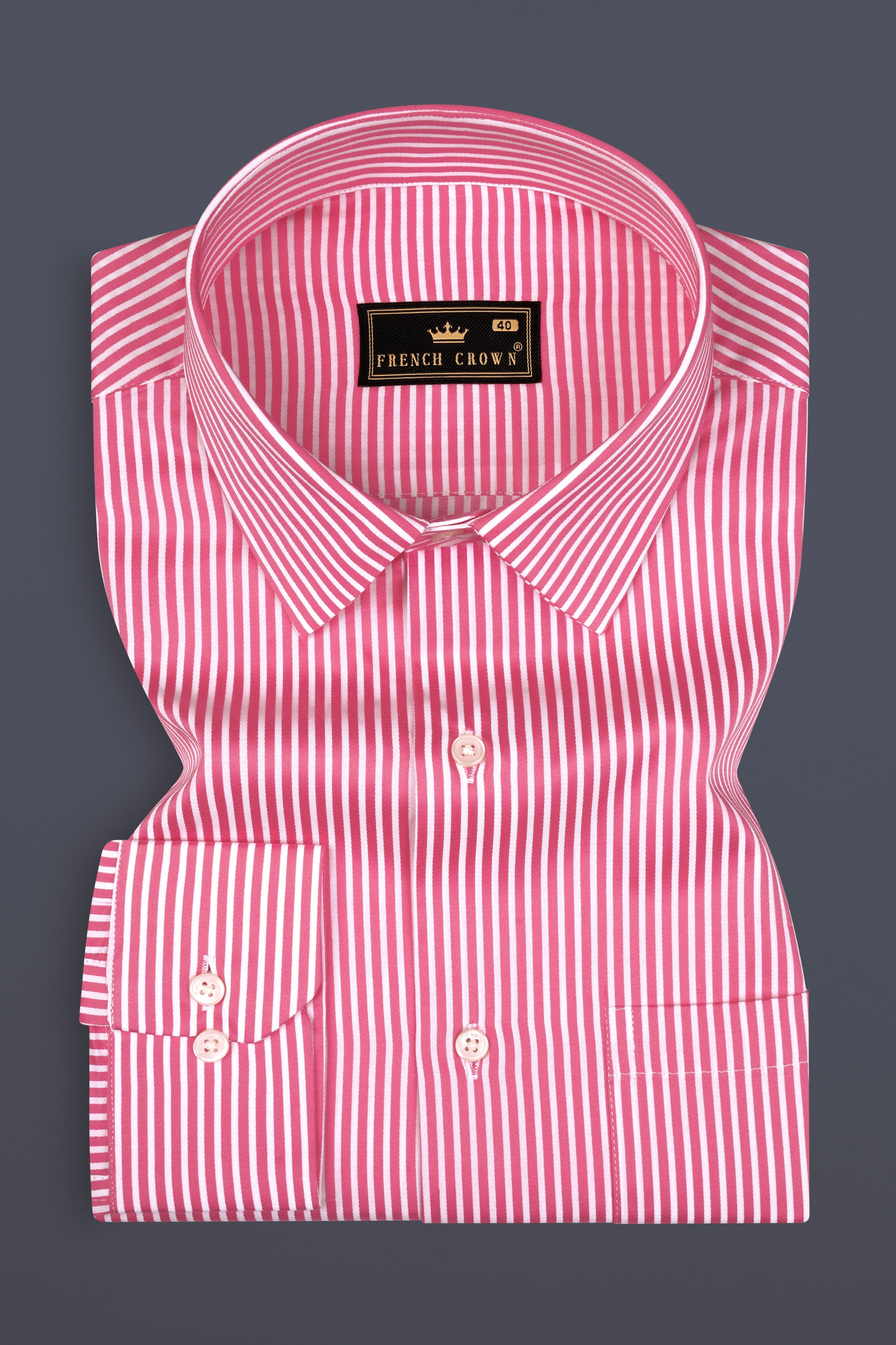 Brink Pink And Bright White Stripes Dobby Textured Premium Giza Cotton Shirt