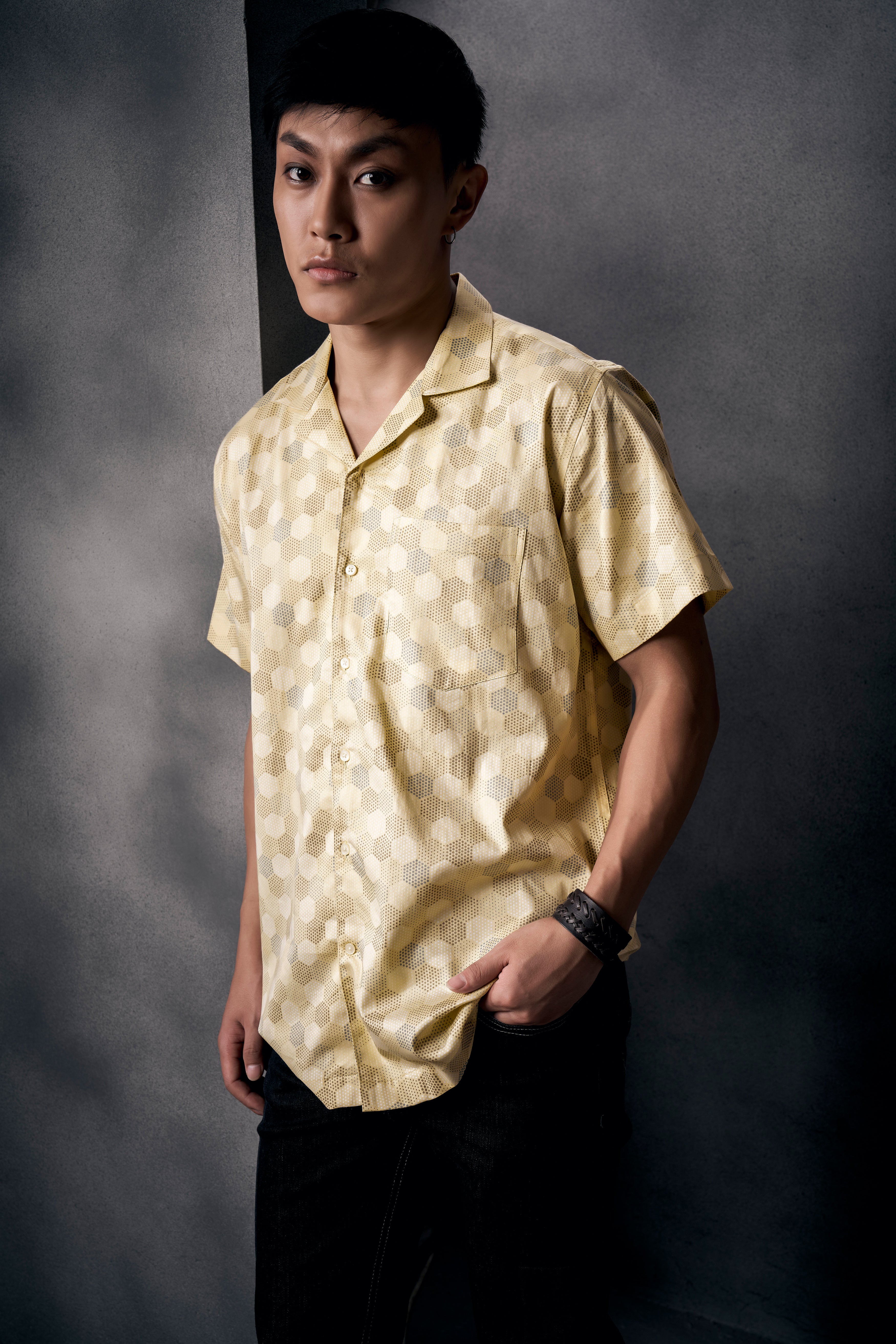 Swizzle Yellow Beehive Printed Subtle Sheen Super Soft Premium Cotton Shirt