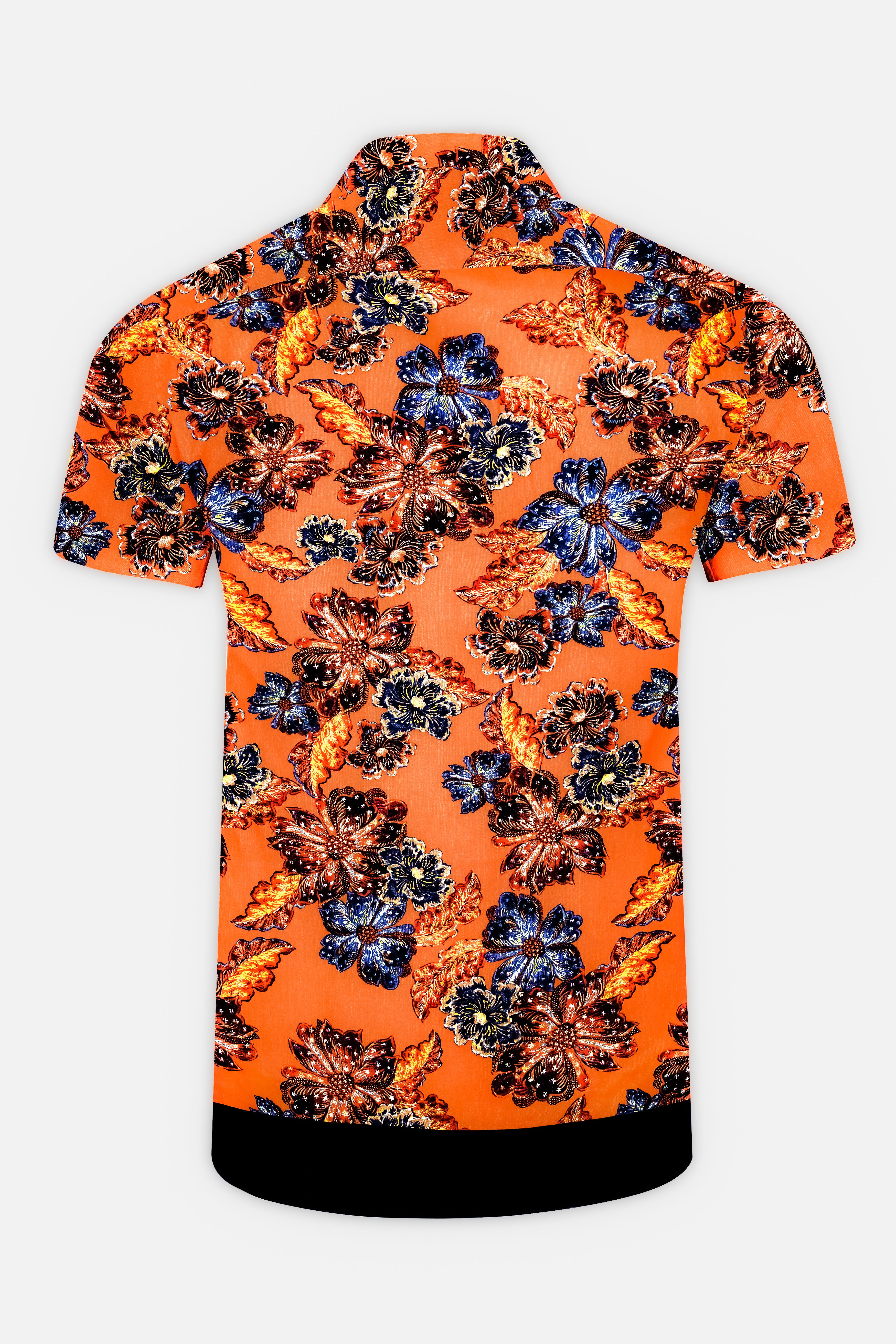 Tangerine Orange And Lapis Blue Floral Printed Super Soft Premium Cotton Designer Shirt