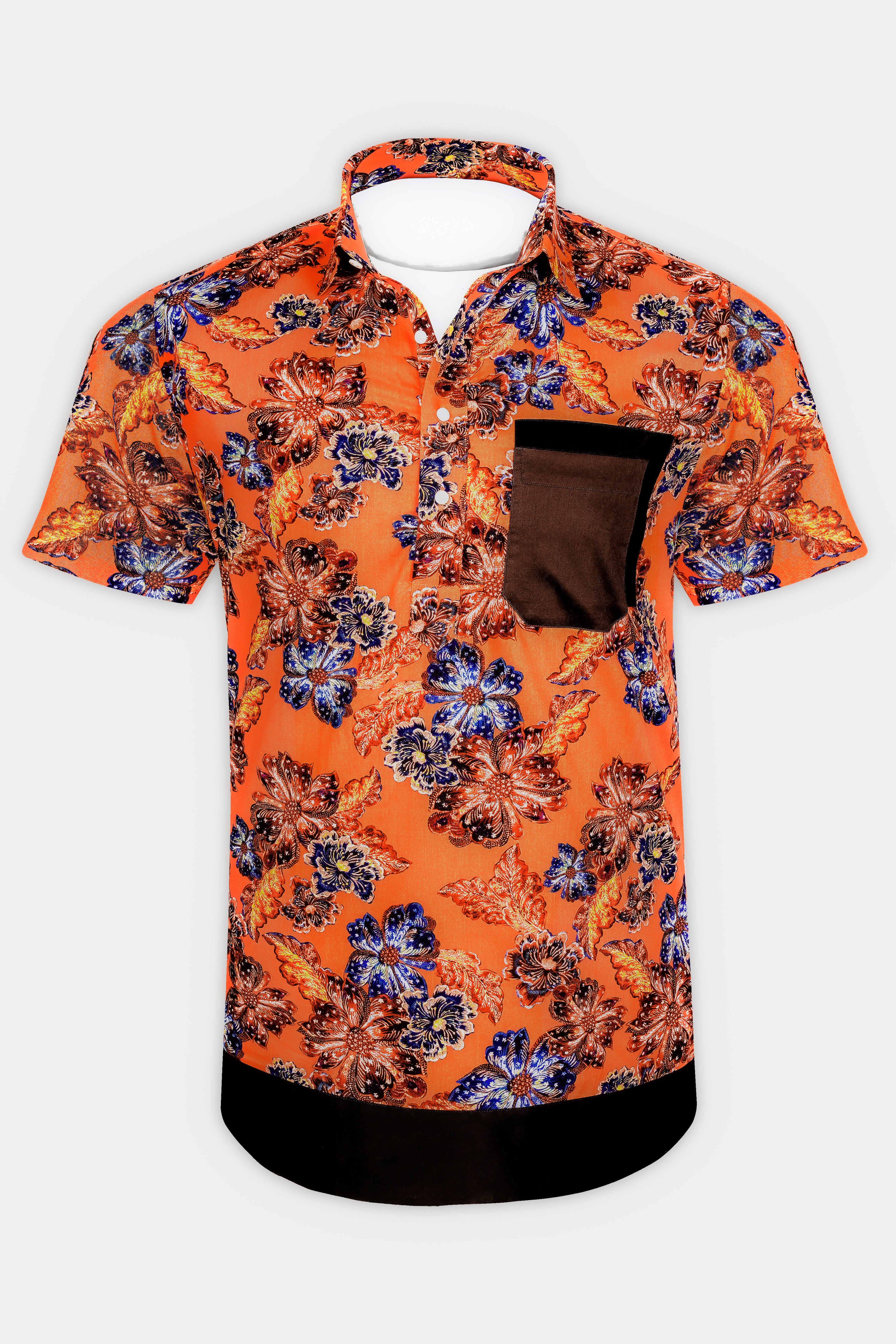 Tangerine Orange And Lapis Blue Floral Printed Super Soft Premium Cotton Designer Shirt