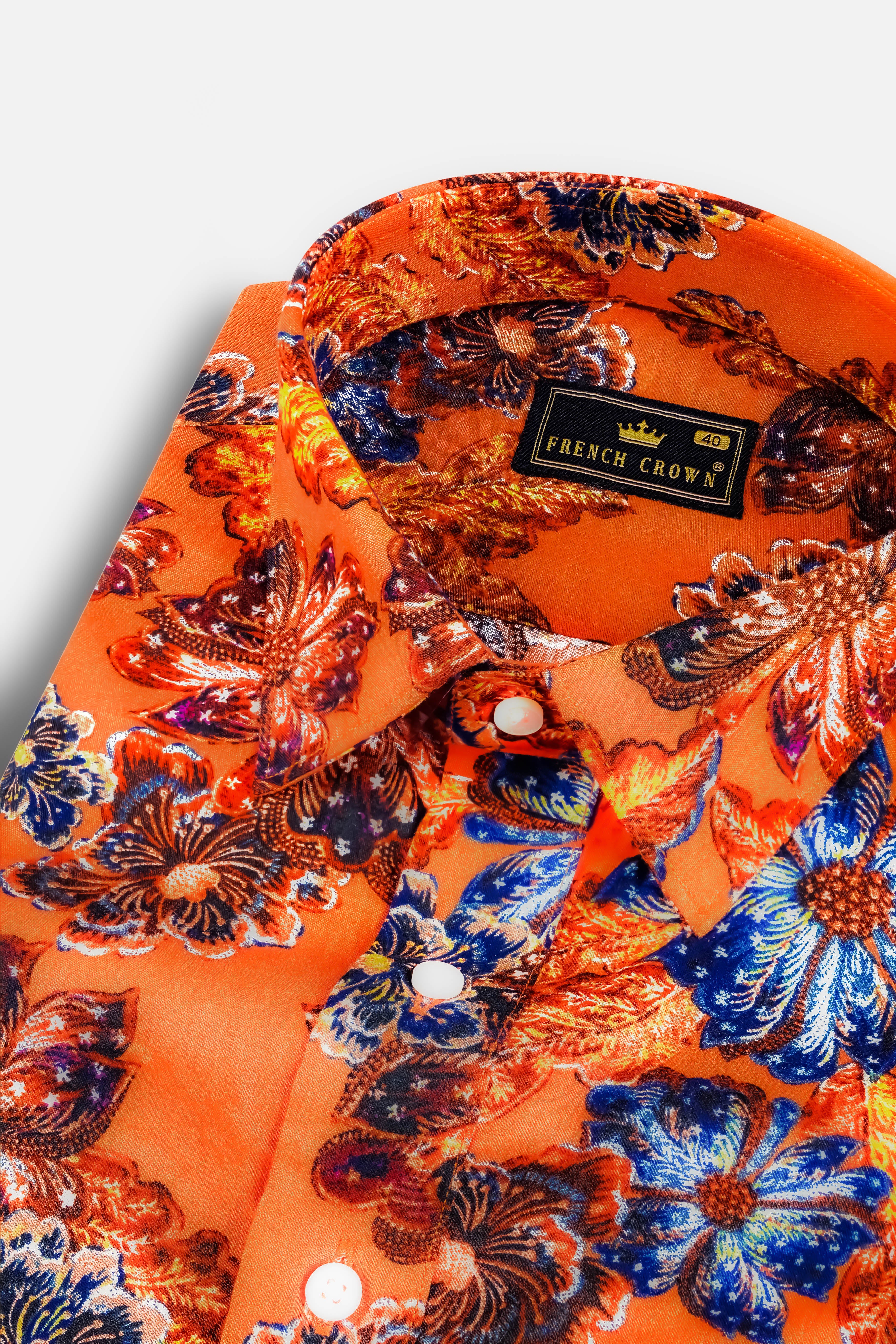 Tangerine Orange And Lapis Blue Floral Printed Super Soft Premium Cotton Designer Shirt