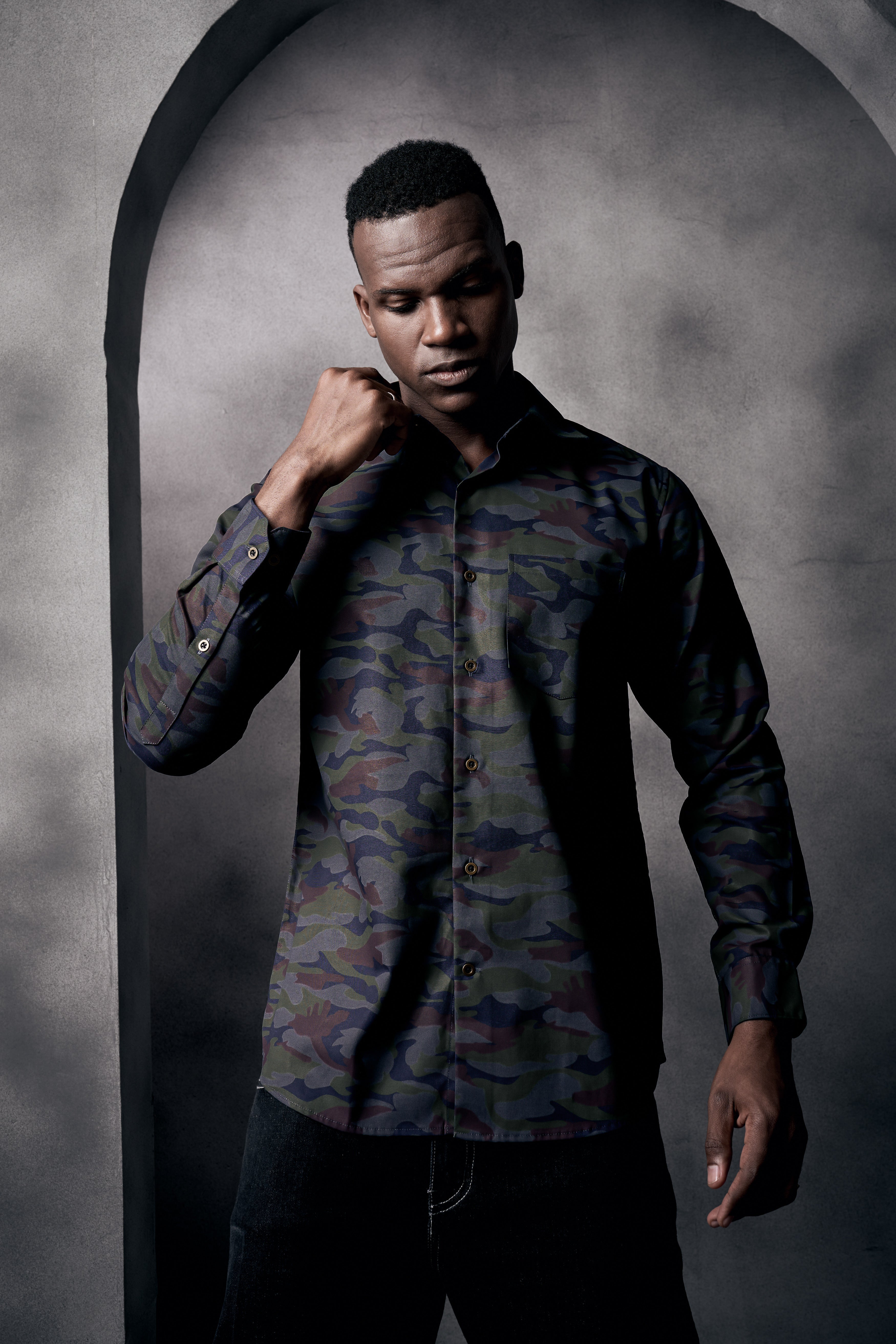 Ninja Gray And Rifle Green Camouflage Printed Royal Oxford Designer Overshirt/Shacket