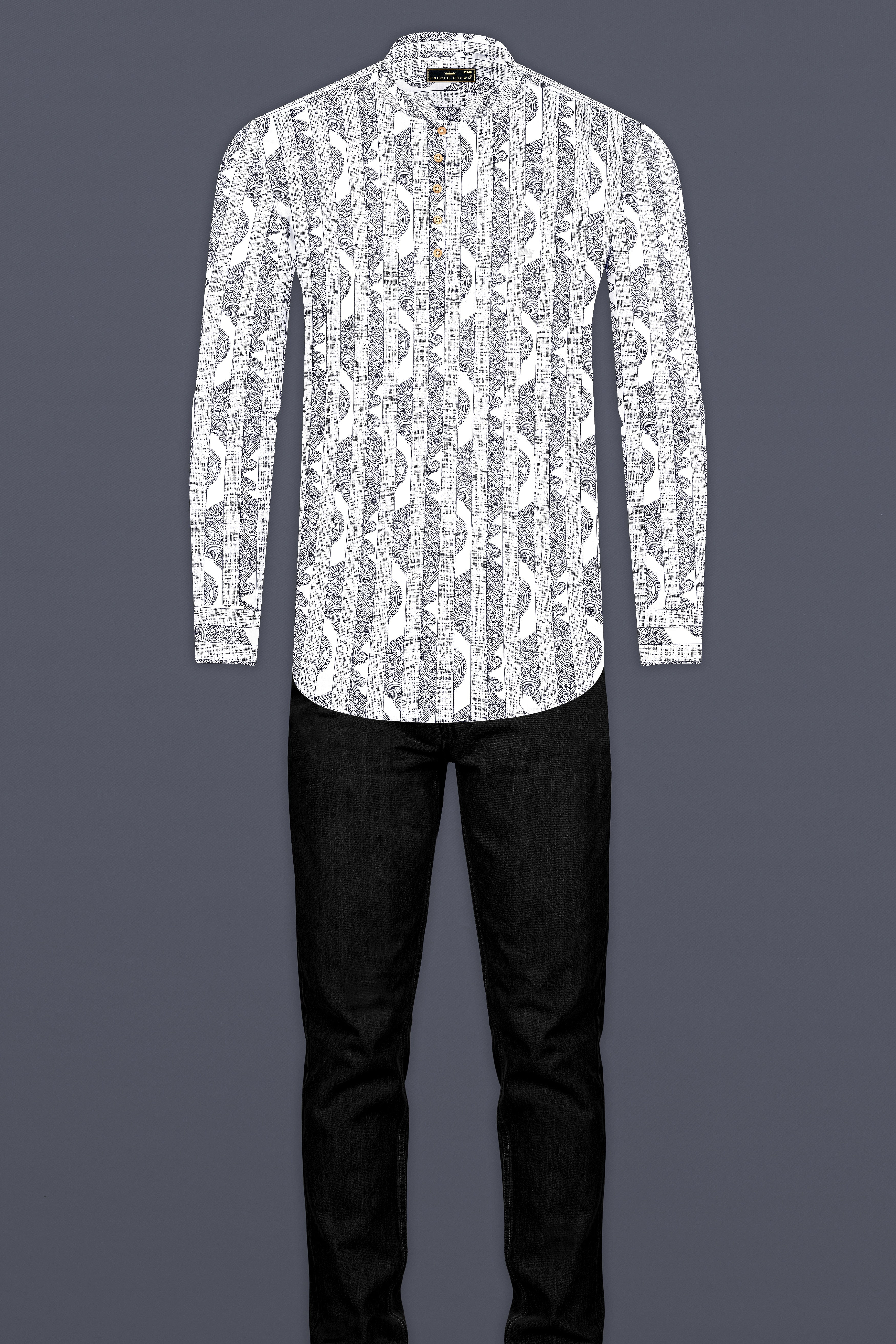 Bright White And Jade Black Stripes Printed Chambray Premium Giza Cotton Shirt