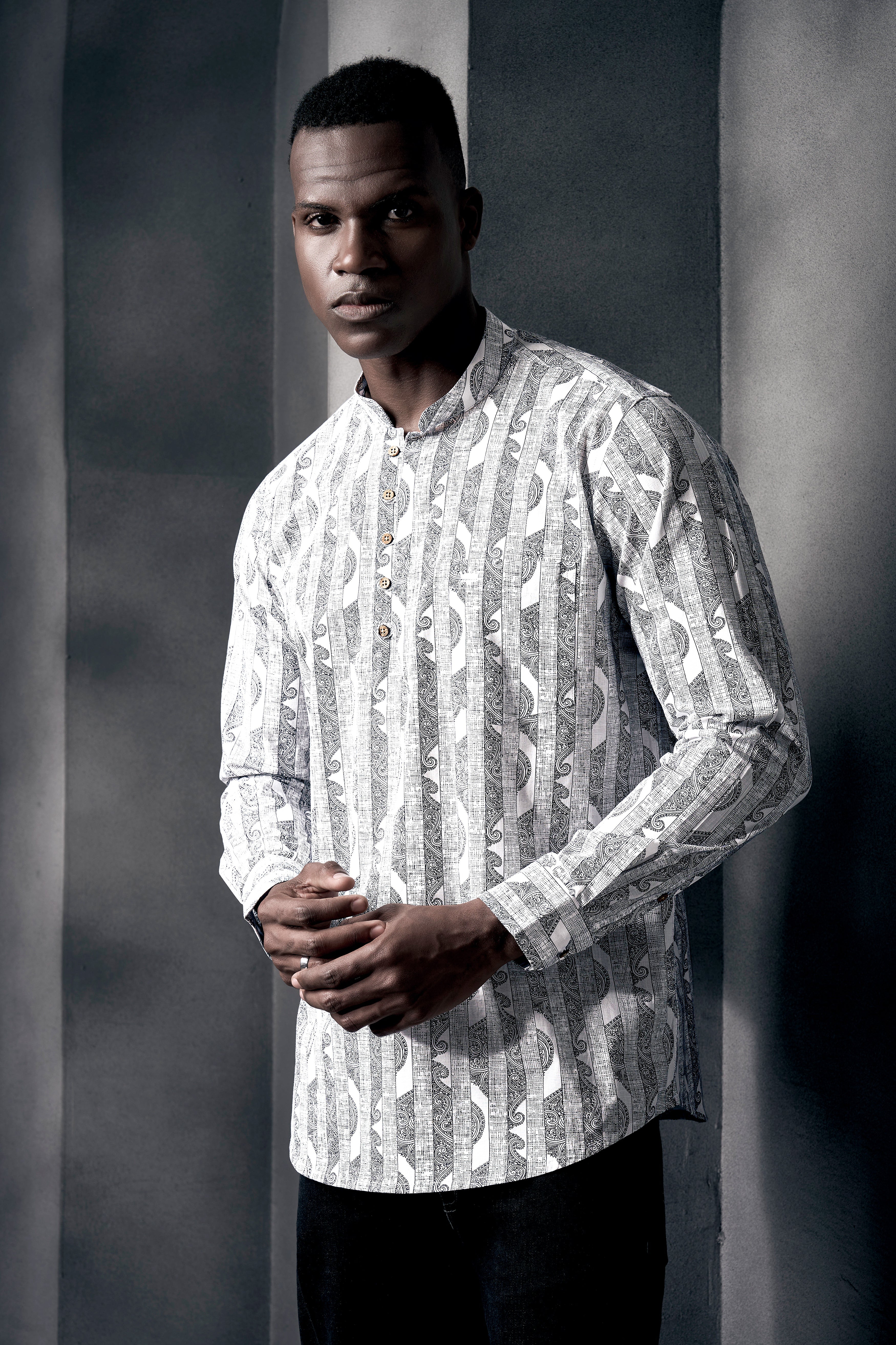 Bright White And Jade Black Stripes Printed Chambray Premium Giza Cotton Shirt