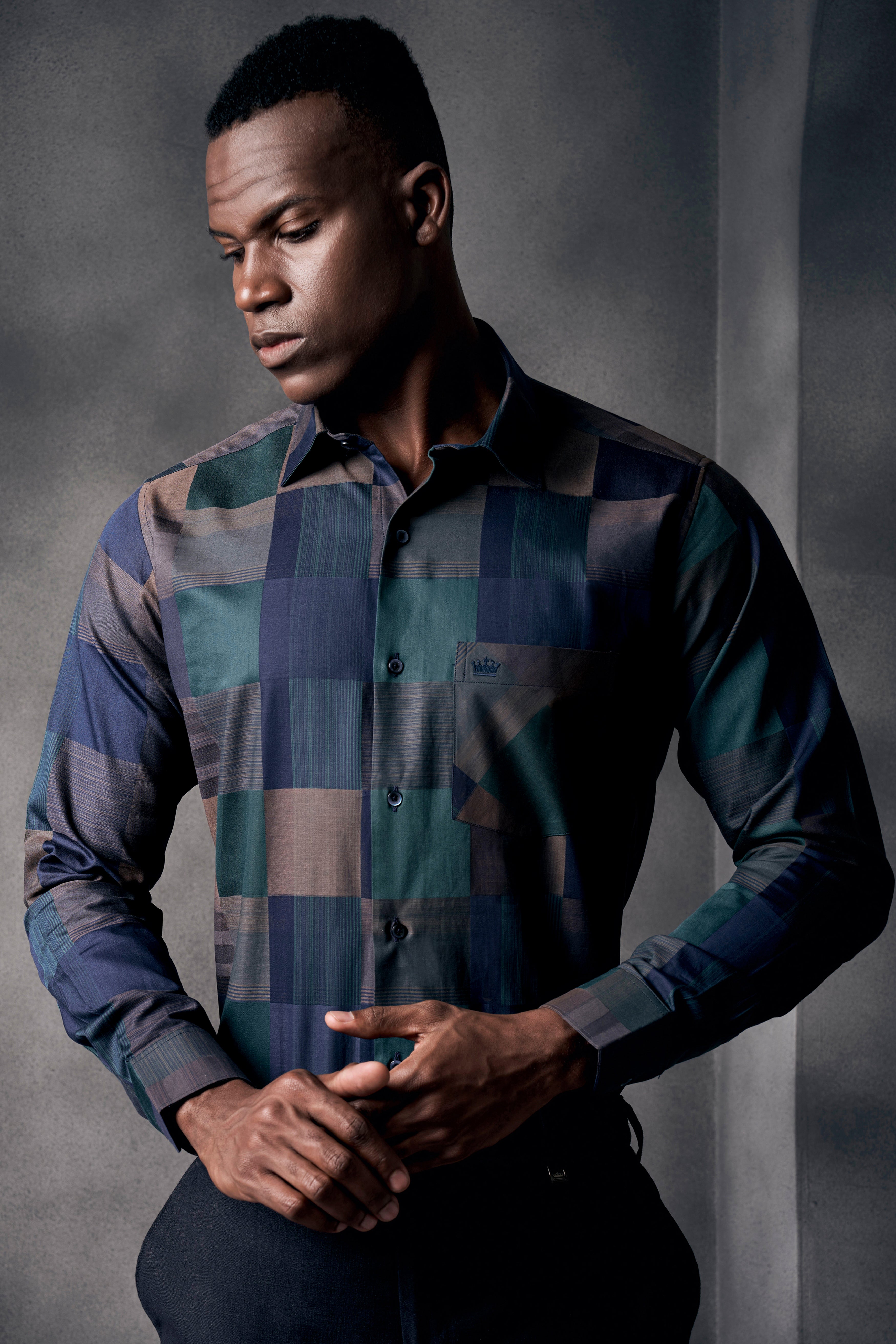 Martinique Blue And Viridian Green Printed Dobby Textured Premium Giza Cotton Shirt