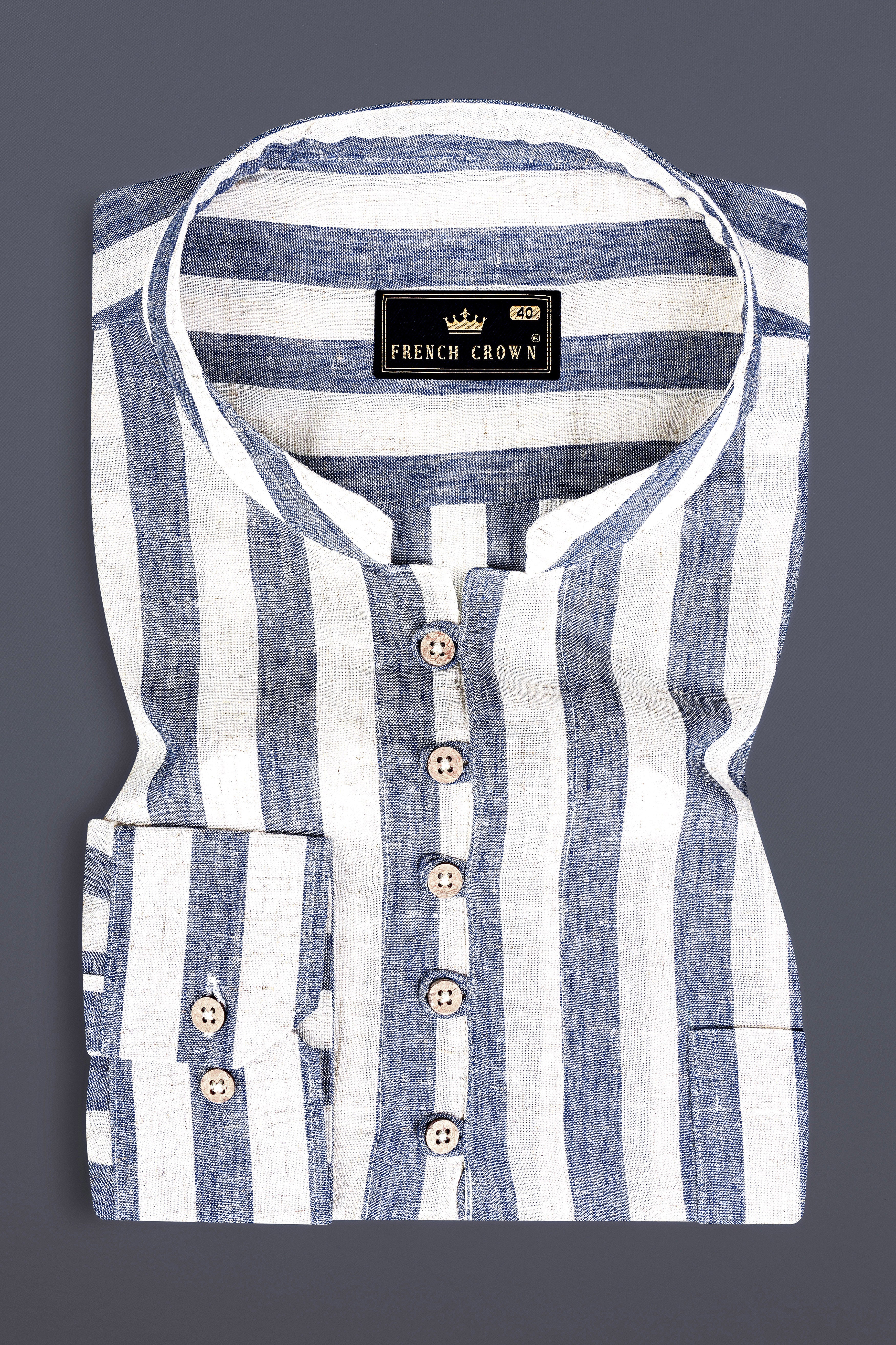 Martinique Blue And Moon Mist Cream Striped Luxuries Linen Shirt