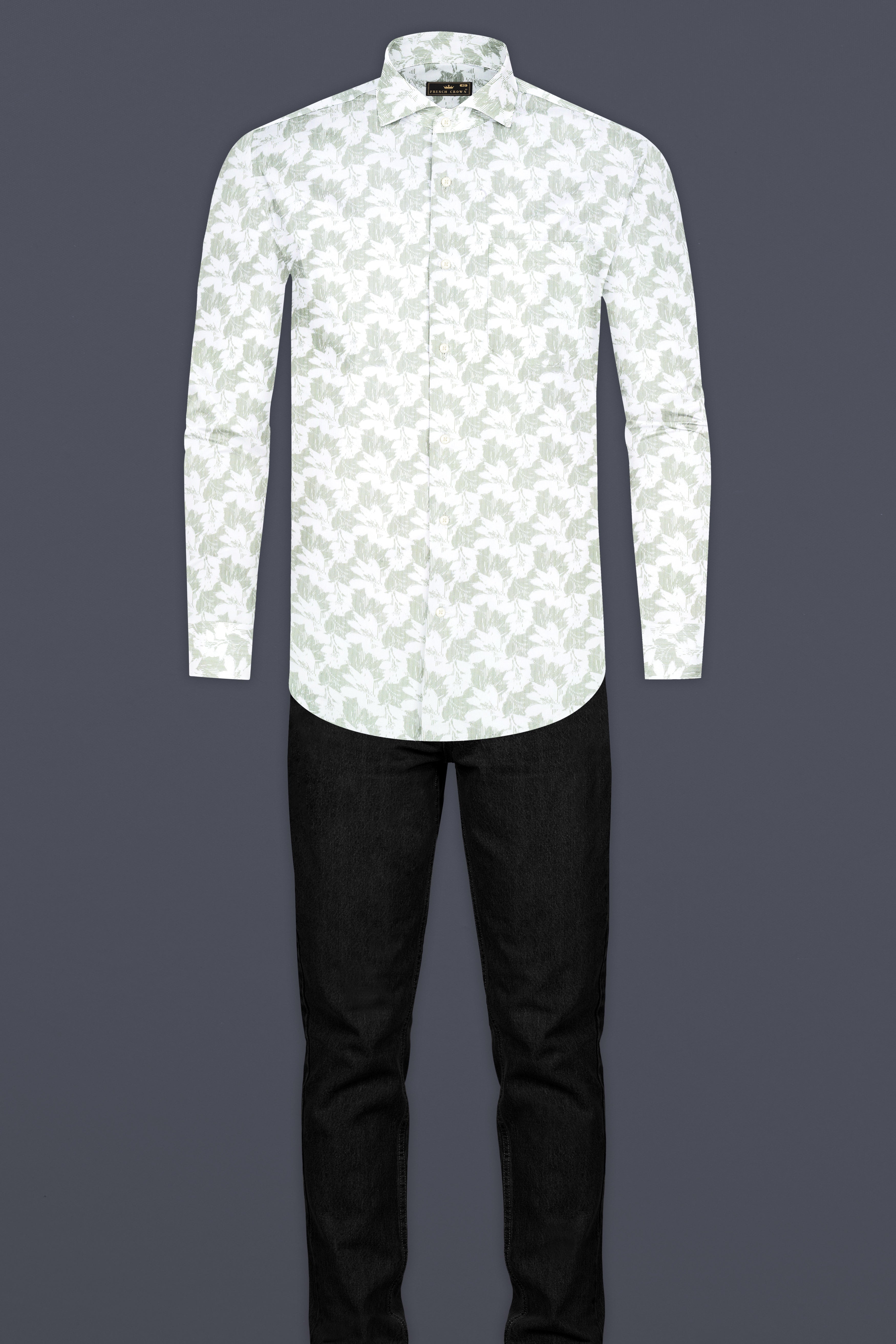 Swirl Green And Bright White Printed Premium Giza Cotton Shirt