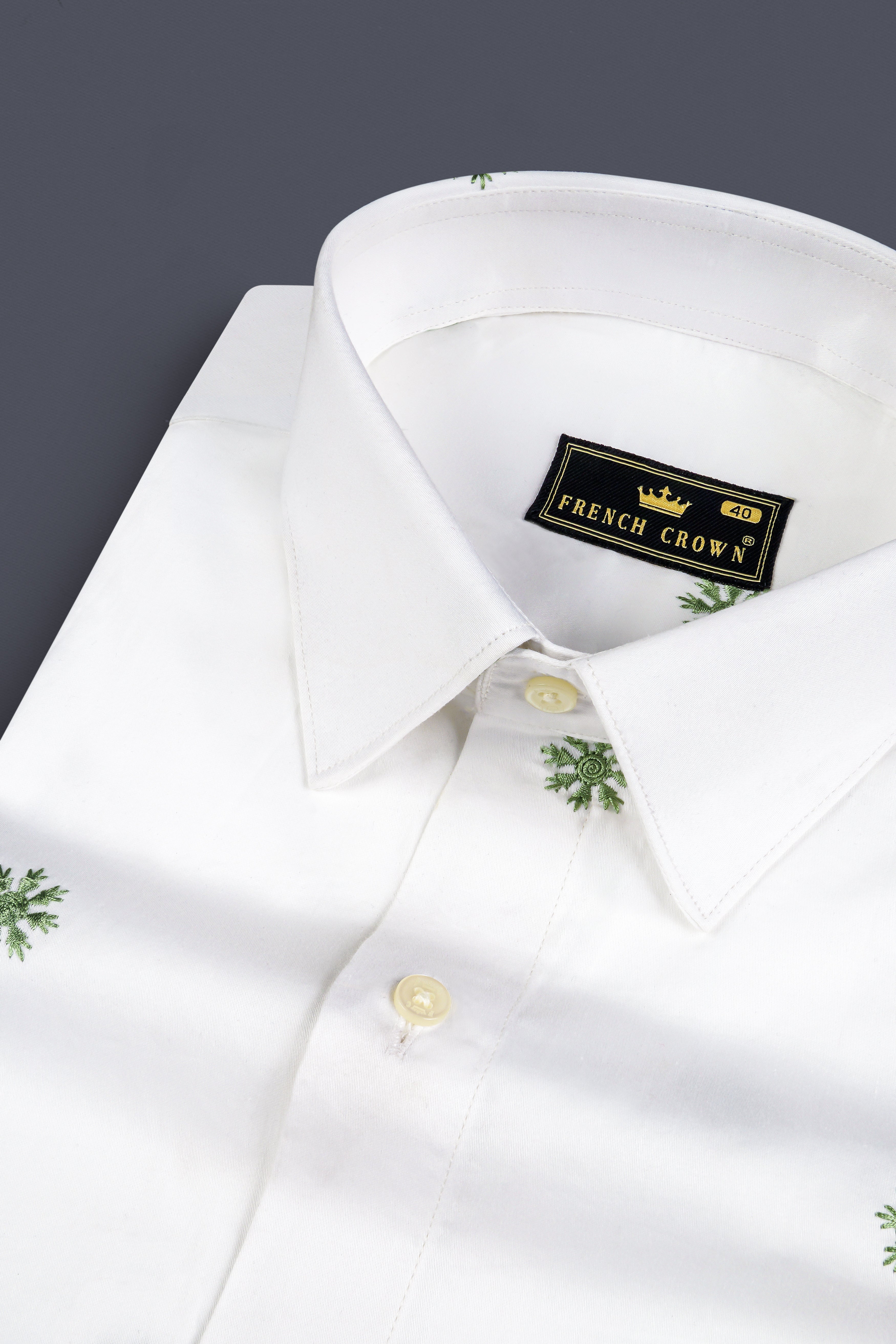 Bright White And Chalet Green Butta Embroidered Premium Cotton Shirt