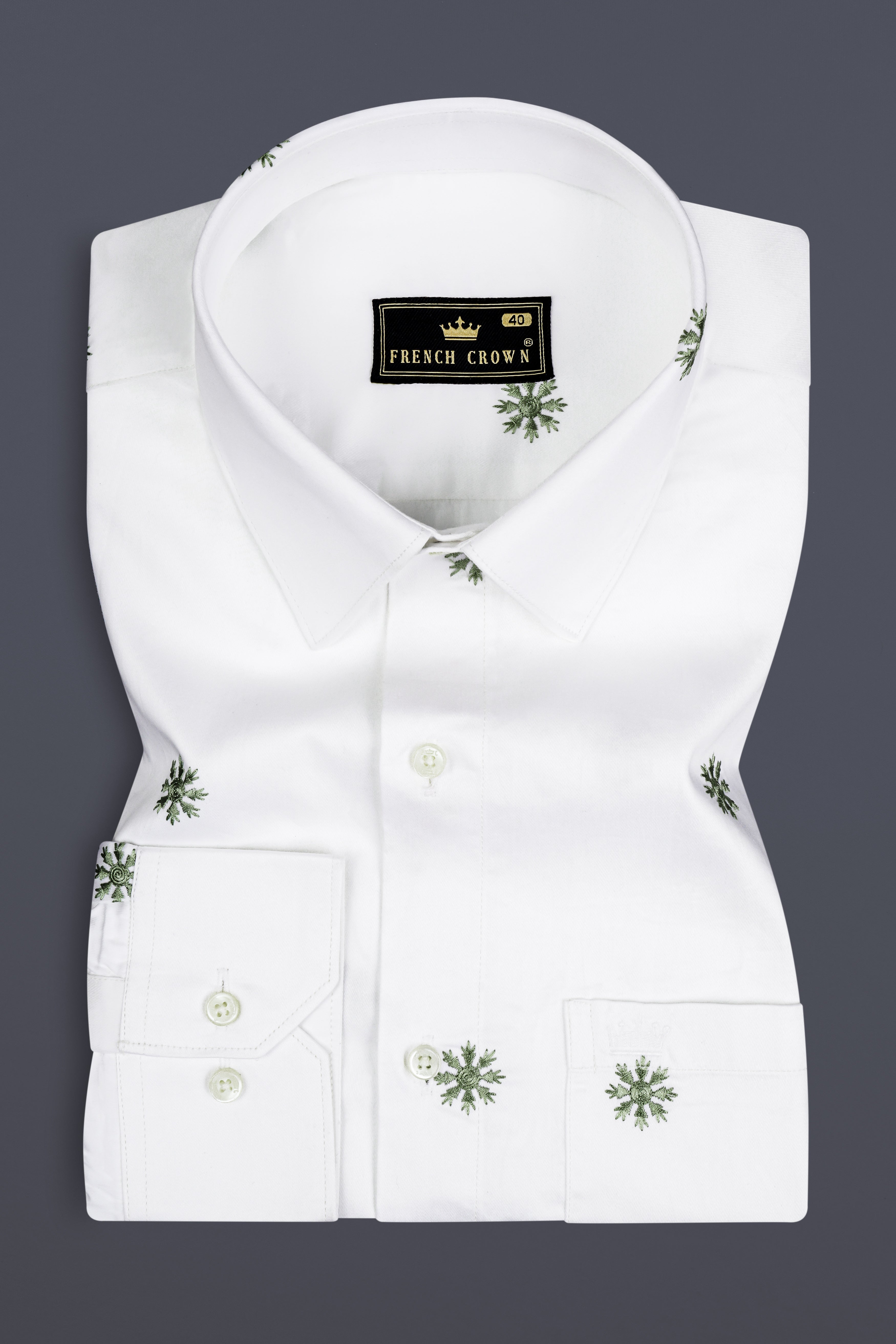 Bright White And Chalet Green Butta Embroidered Premium Cotton Shirt