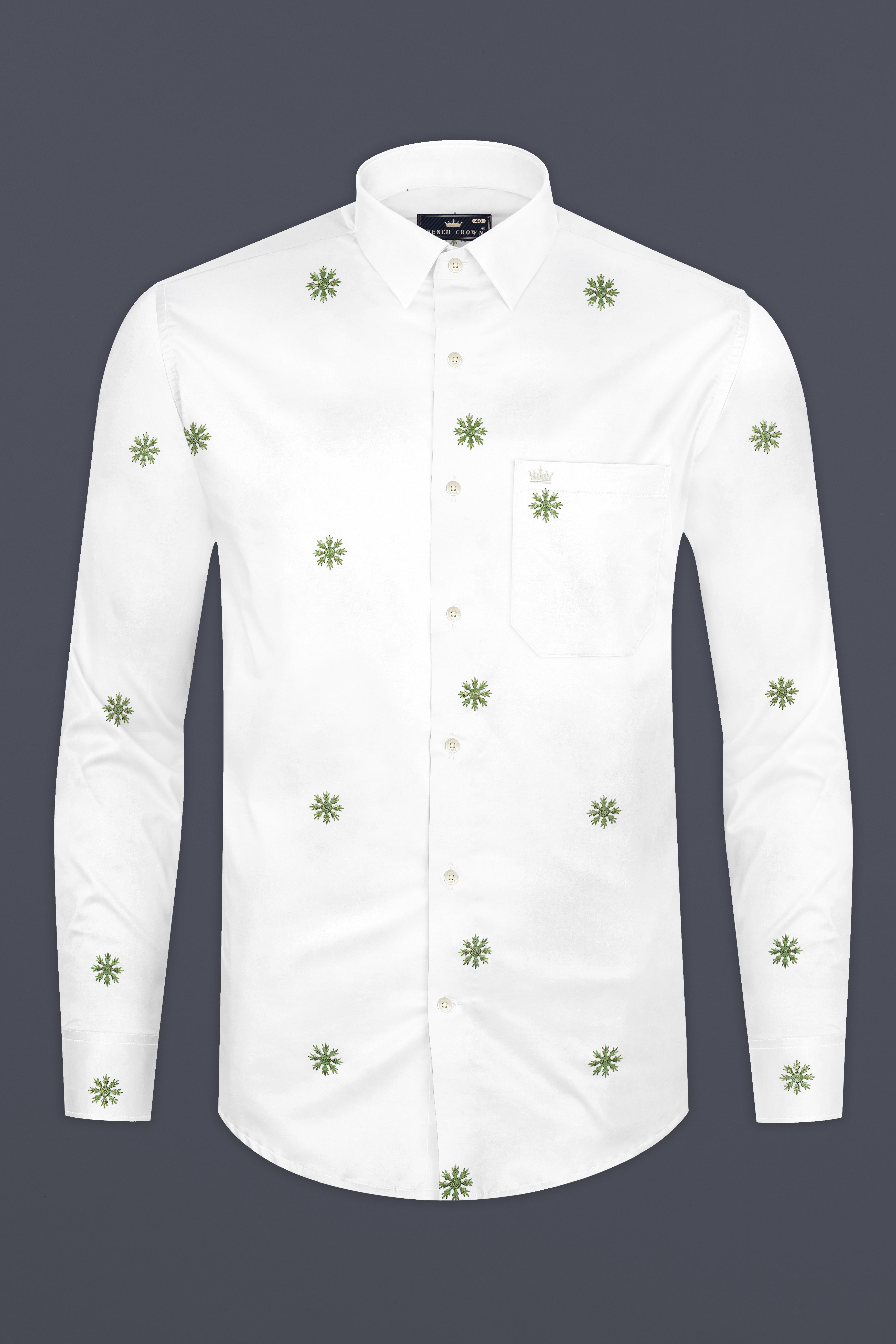 Bright White And Chalet Green Butta Embroidered Premium Cotton Shirt