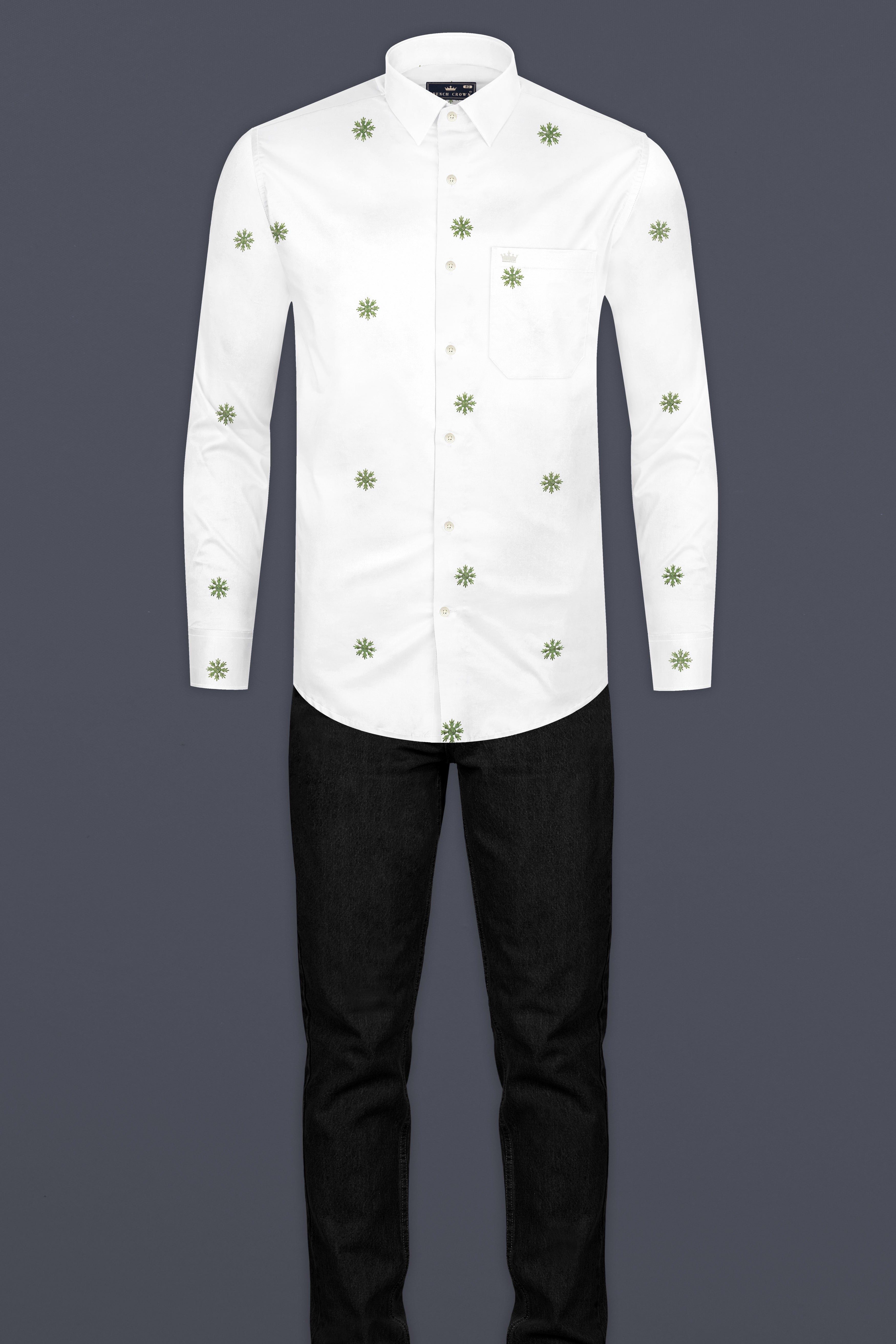 Bright White And Chalet Green Butta Embroidered Premium Cotton Shirt