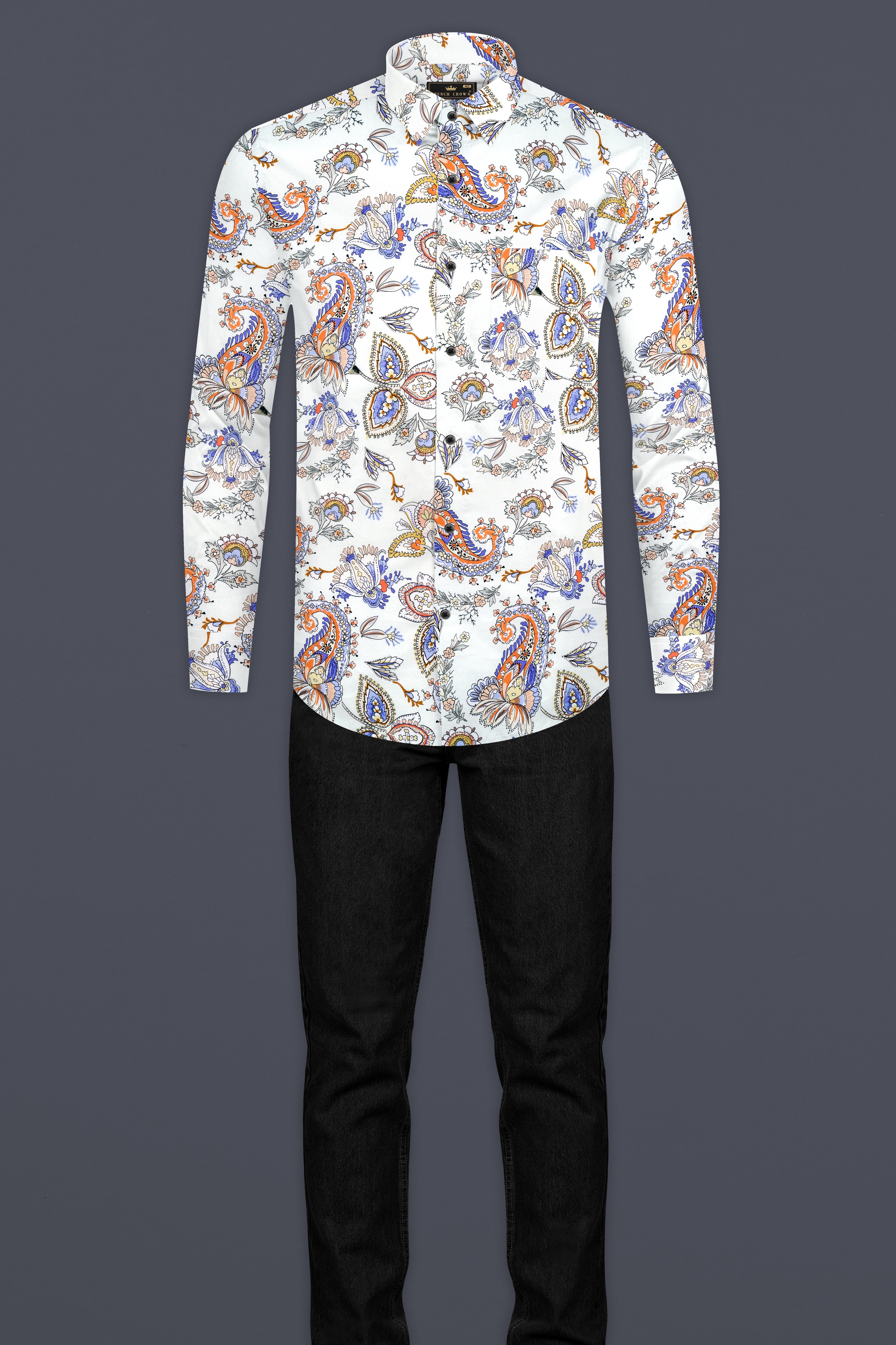 Ceramic White And Mimosa Blue Leaves Printed Subtle Sheen Super Soft Premium Cotton Shirt