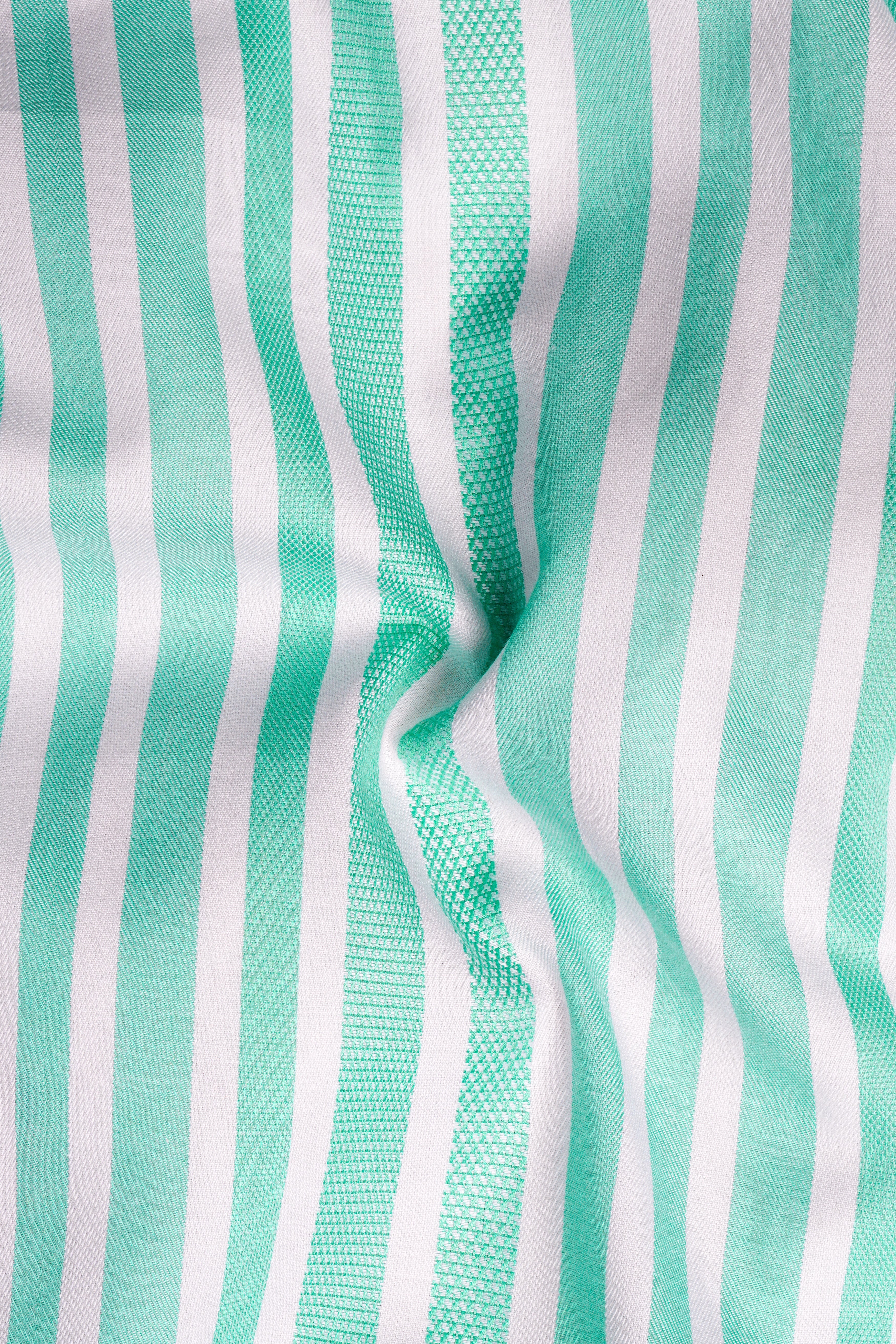 Fringy Green And Bright White Striped Dobby Textured Premium Giza Cotton Shirt