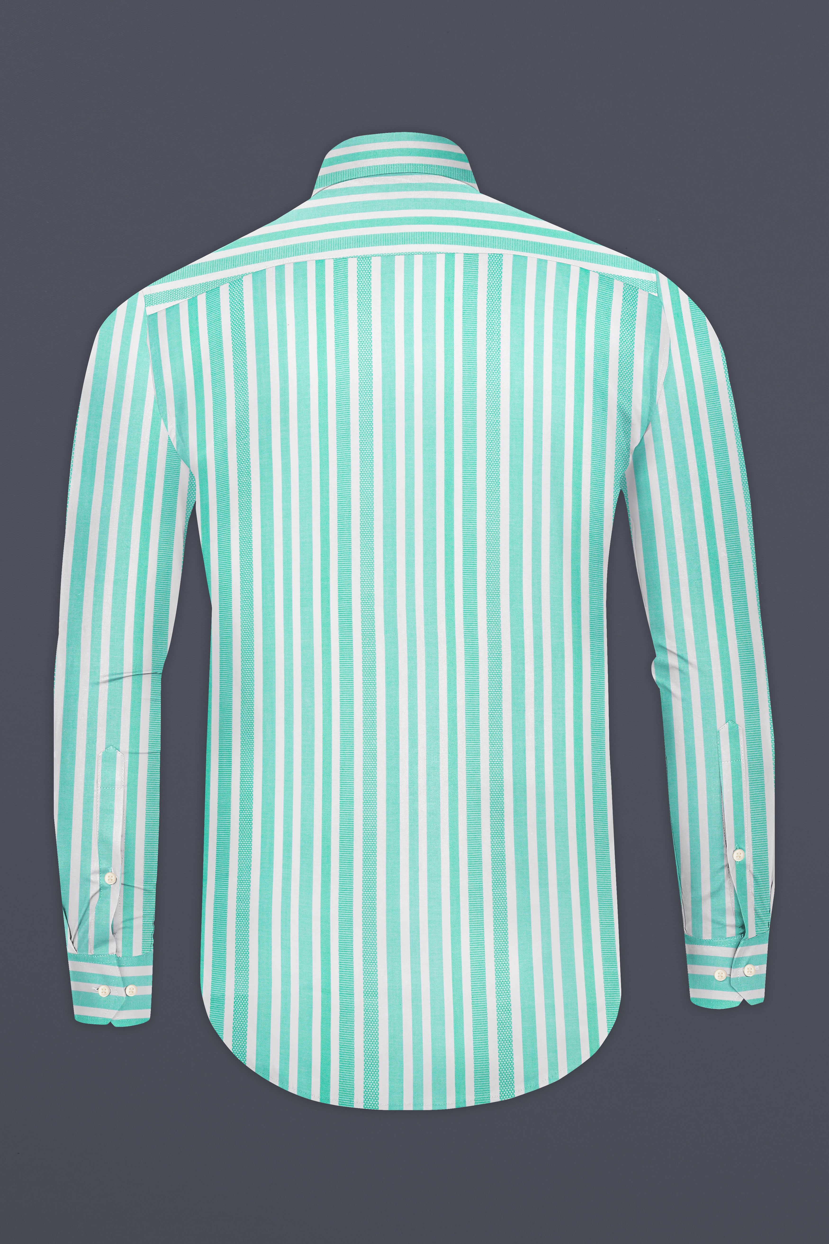 Fringy Green And Bright White Striped Dobby Textured Premium Giza Cotton Shirt