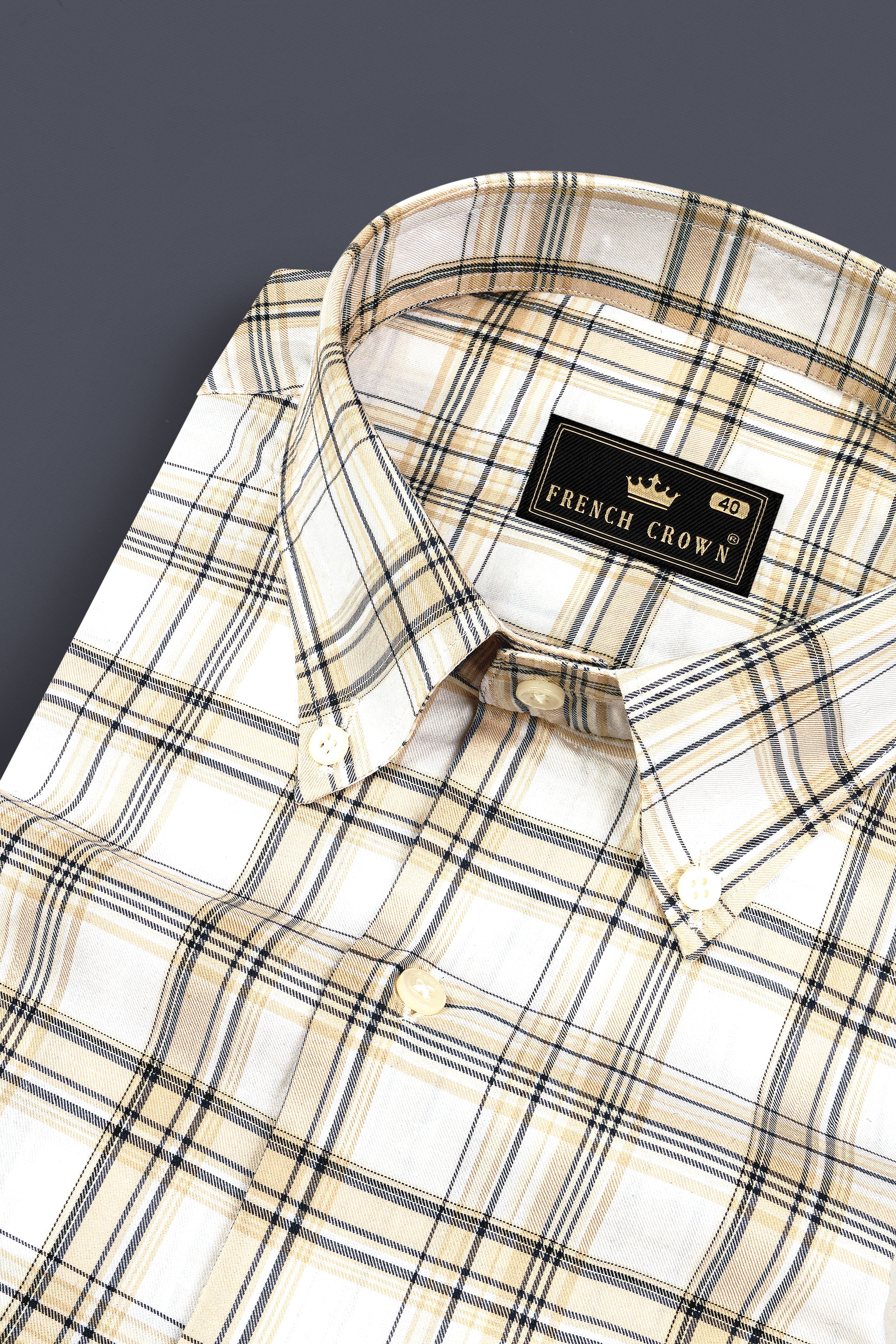 Eggshell Cream And Bright White Checked Twill Premium Cotton Shirt