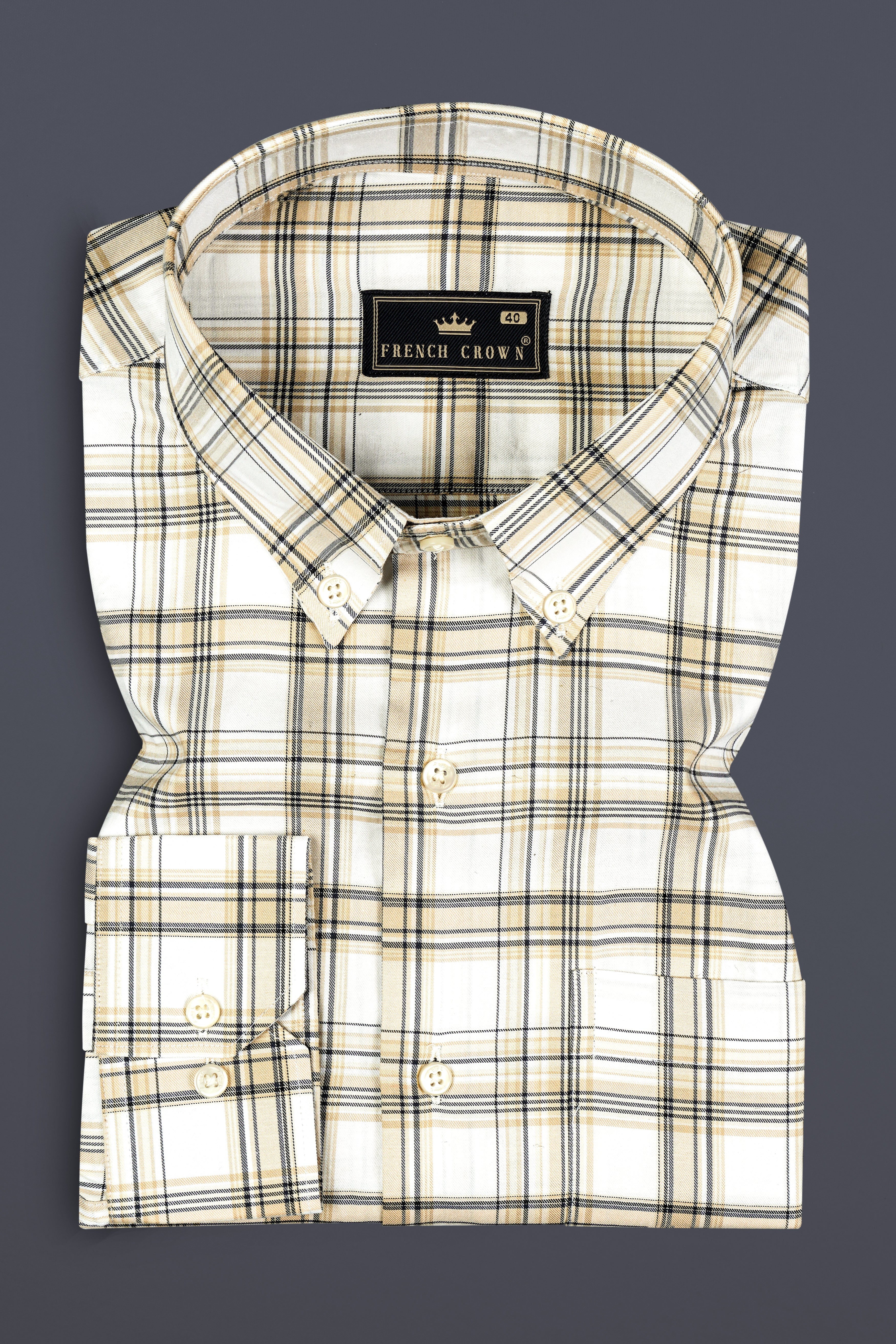 Eggshell Cream And Bright White Checked Twill Premium Cotton Shirt