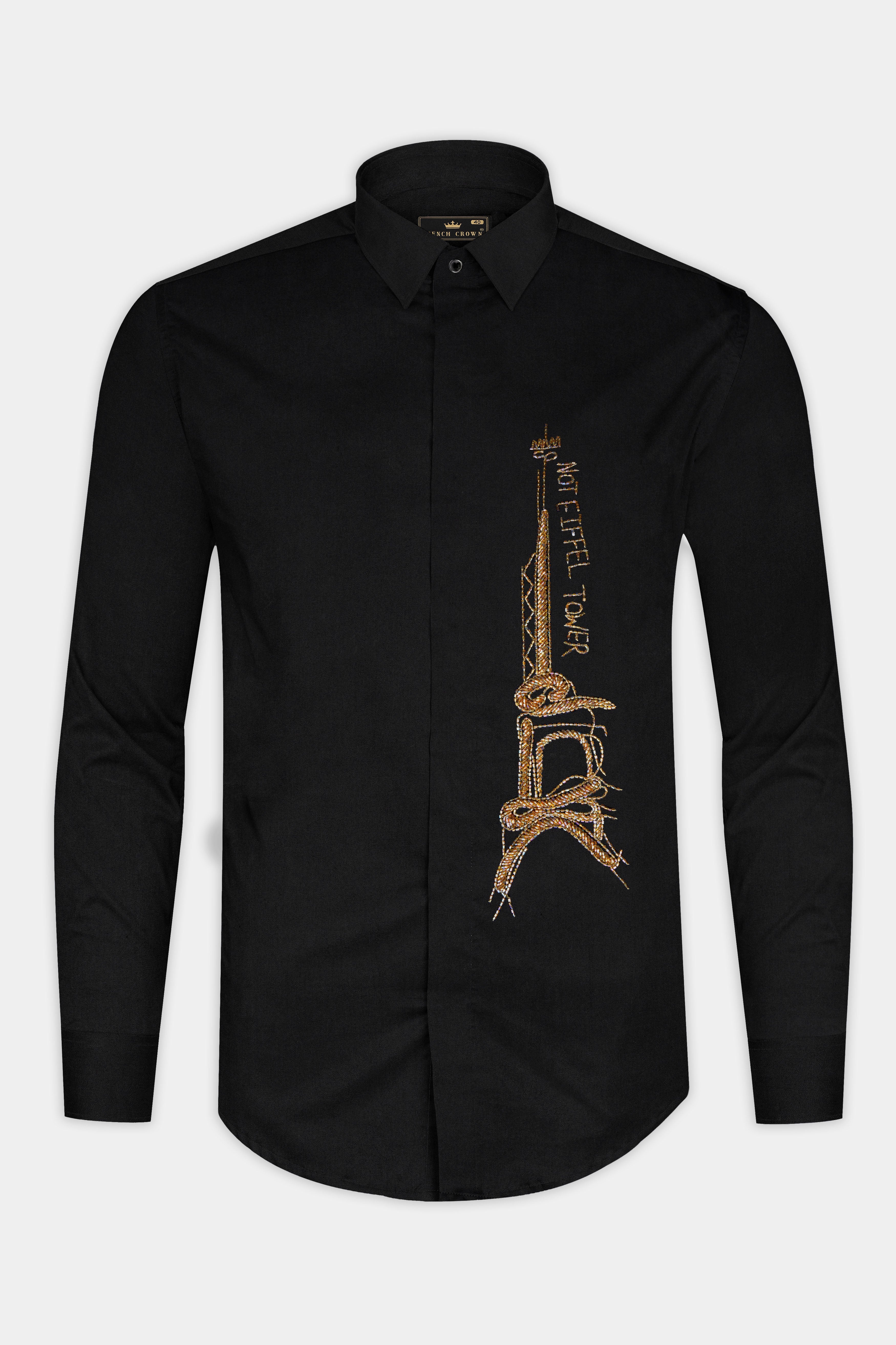 Jade Black Not Eiffel Tower Hand Stitched Embroidered Super Soft Premium Cotton Designer Shirt