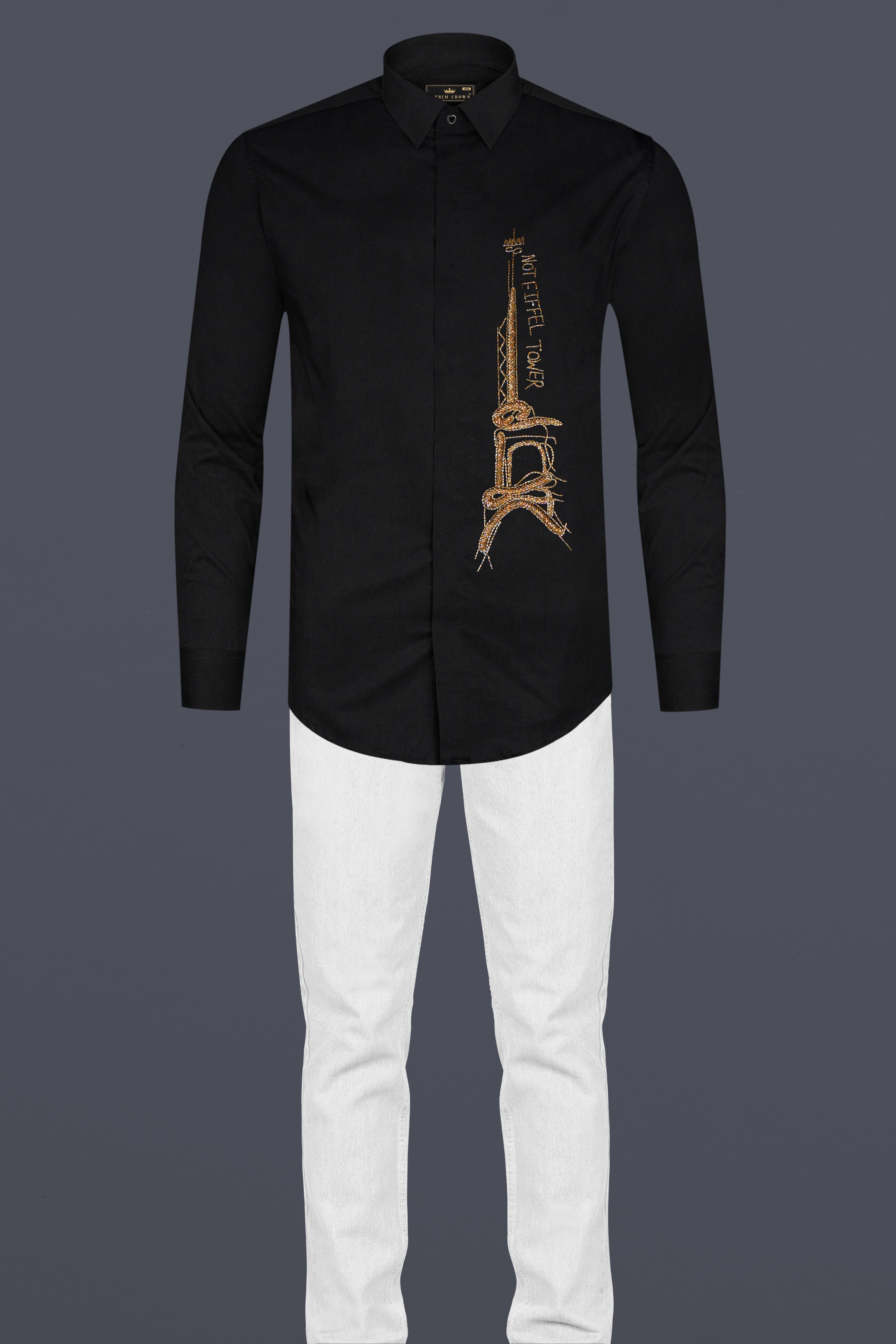 Jade Black Not Eiffel Tower Hand Stitched Embroidered Super Soft Premium Cotton Designer Shirt