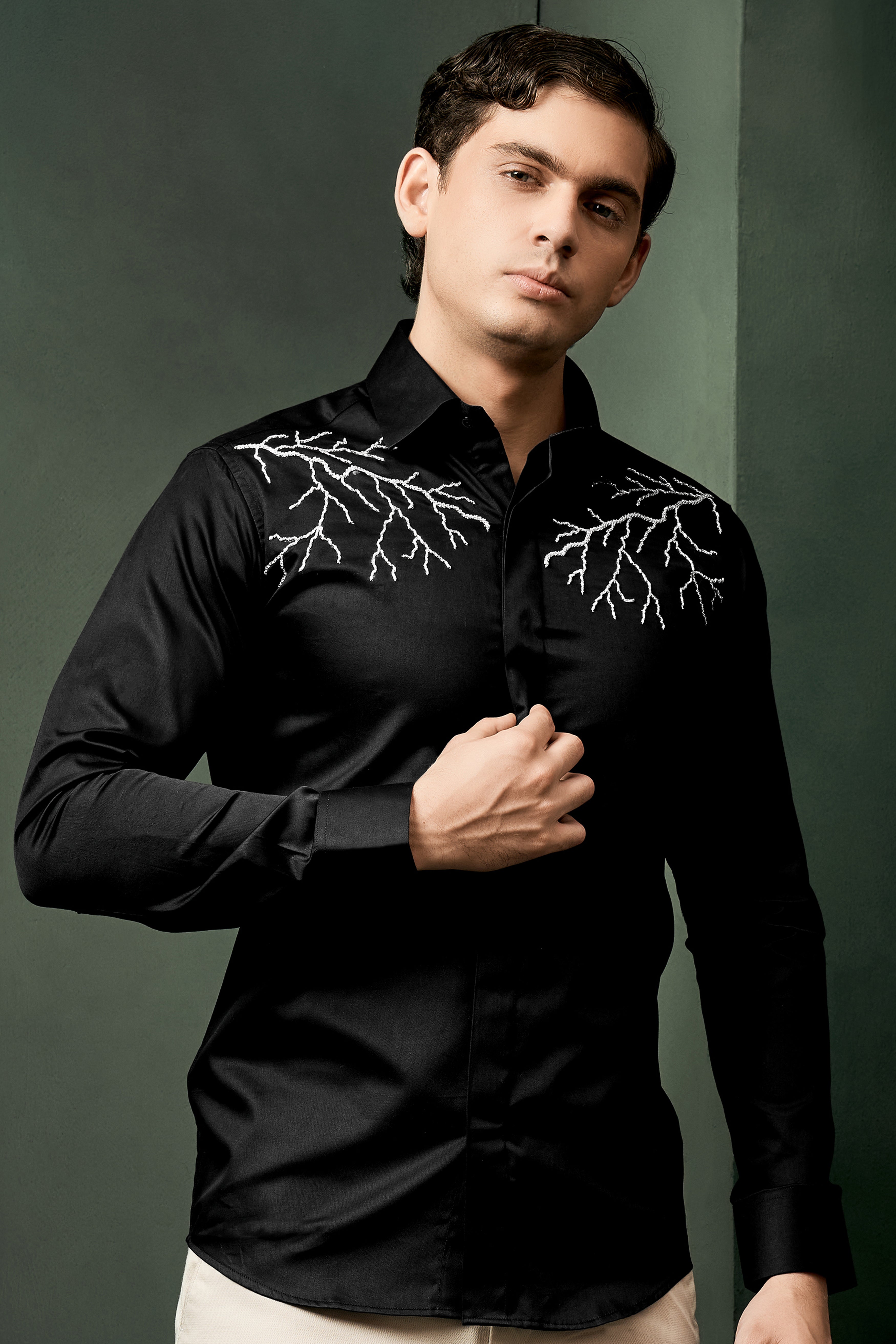 Jade Black Lightning Hand Stitched Embroidered Super Soft Premium Cotton Designer Shirt