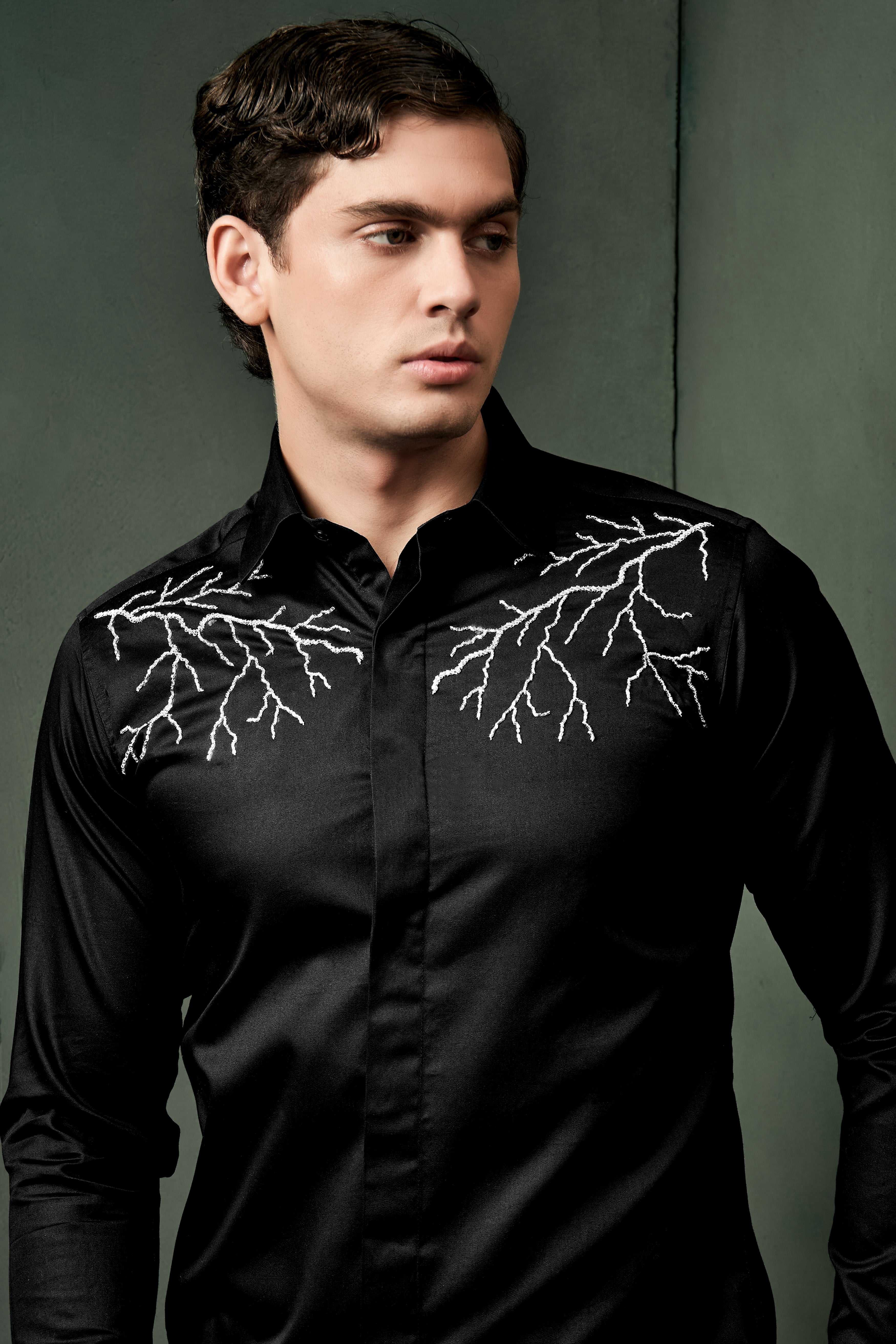 Jade Black Lightning Hand Stitched Embroidered Super Soft Premium Cotton Designer Shirt