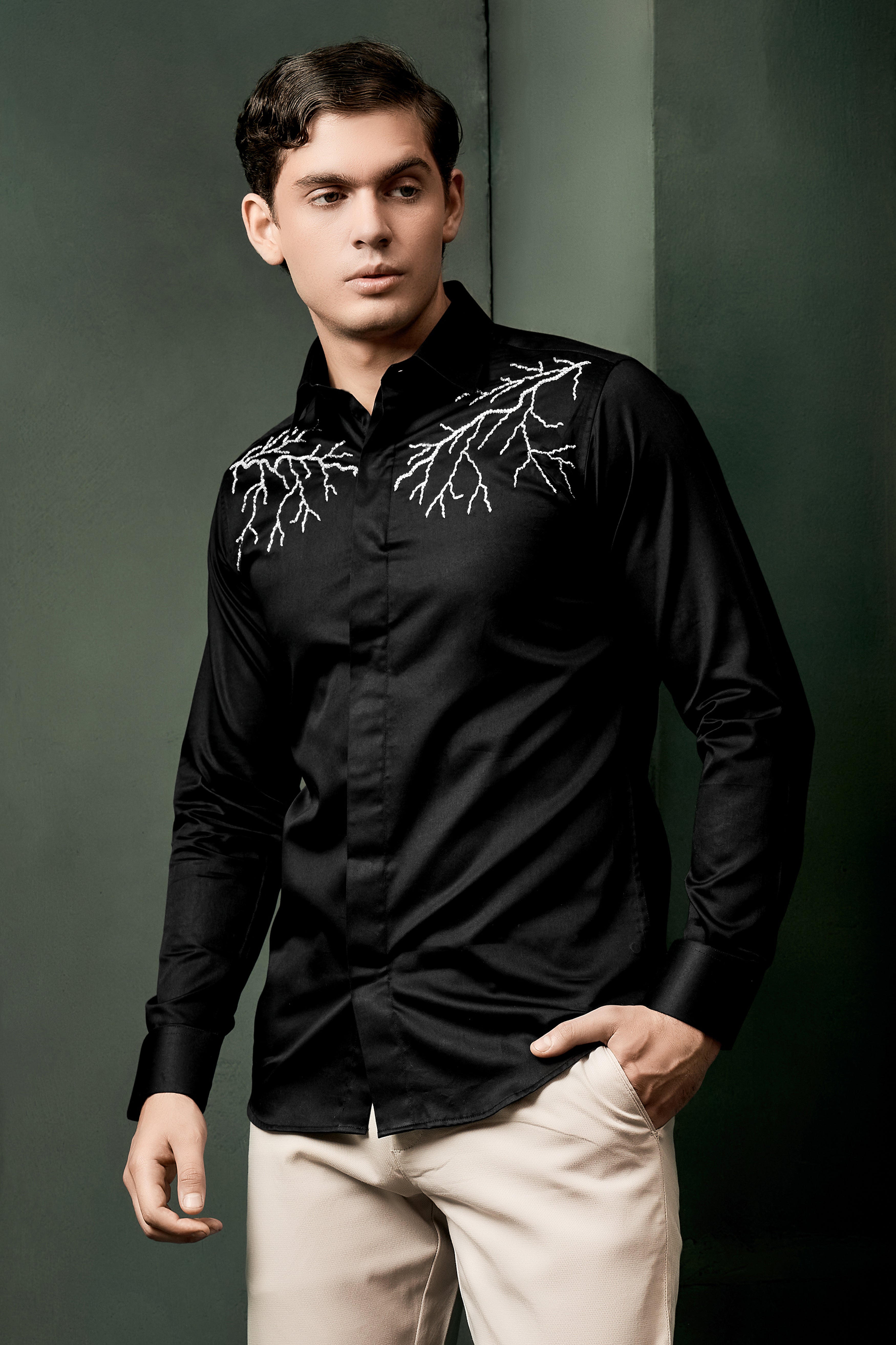 Jade Black Lightning Hand Stitched Embroidered Super Soft Premium Cotton Designer Shirt