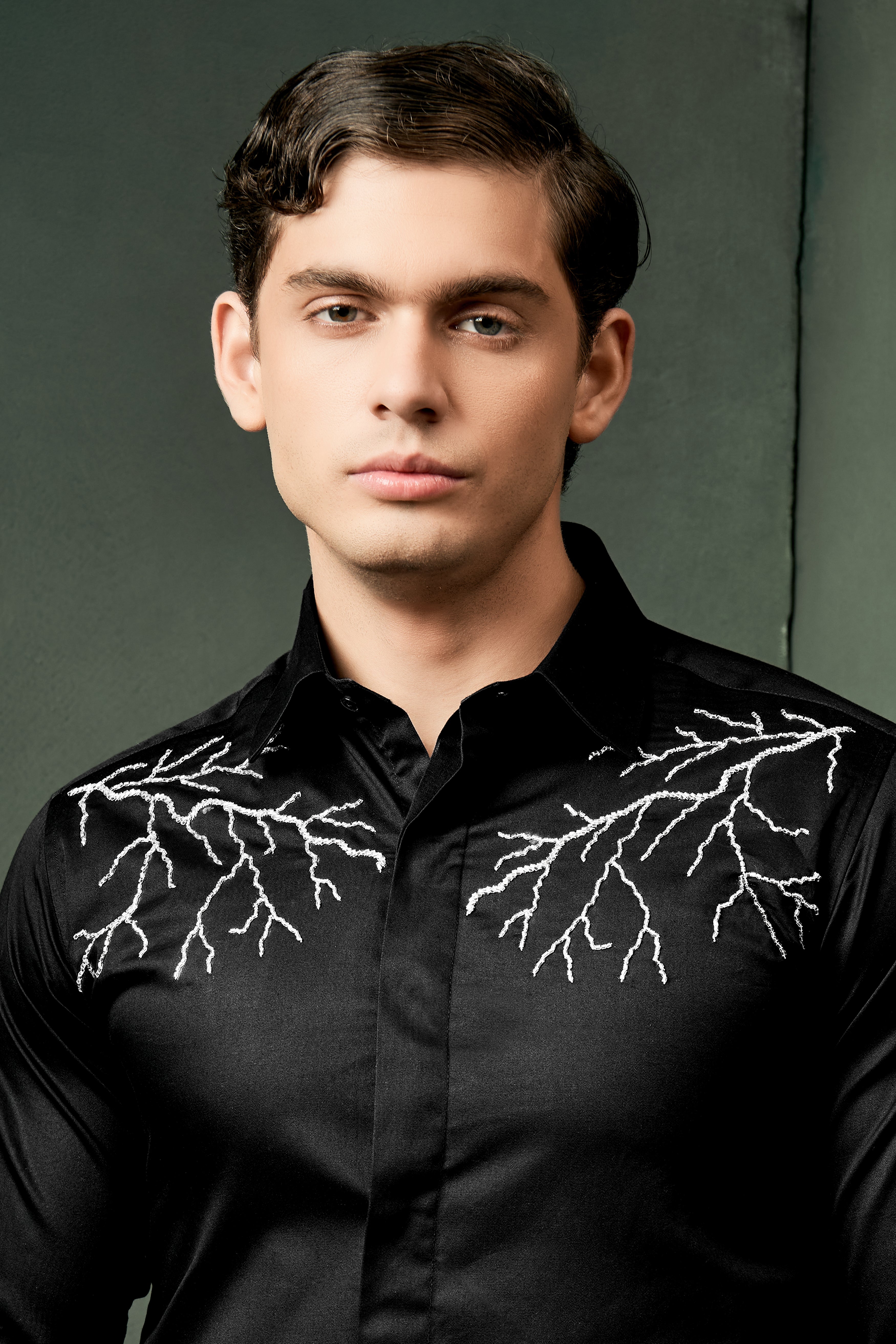 Jade Black Lightning Hand Stitched Embroidered Super Soft Premium Cotton Designer Shirt