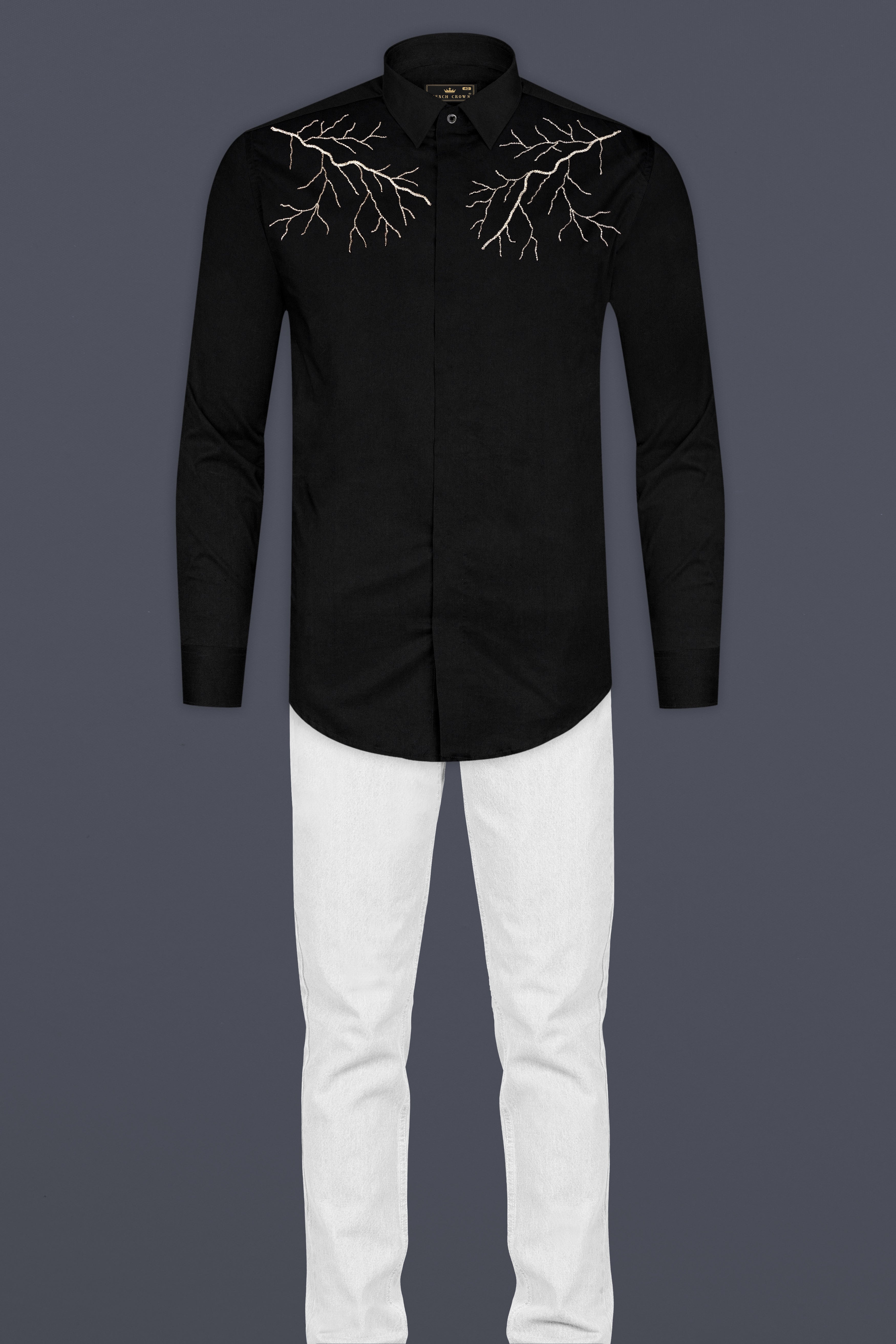 Jade Black Lightning Hand Stitched Embroidered Super Soft Premium Cotton Designer Shirt