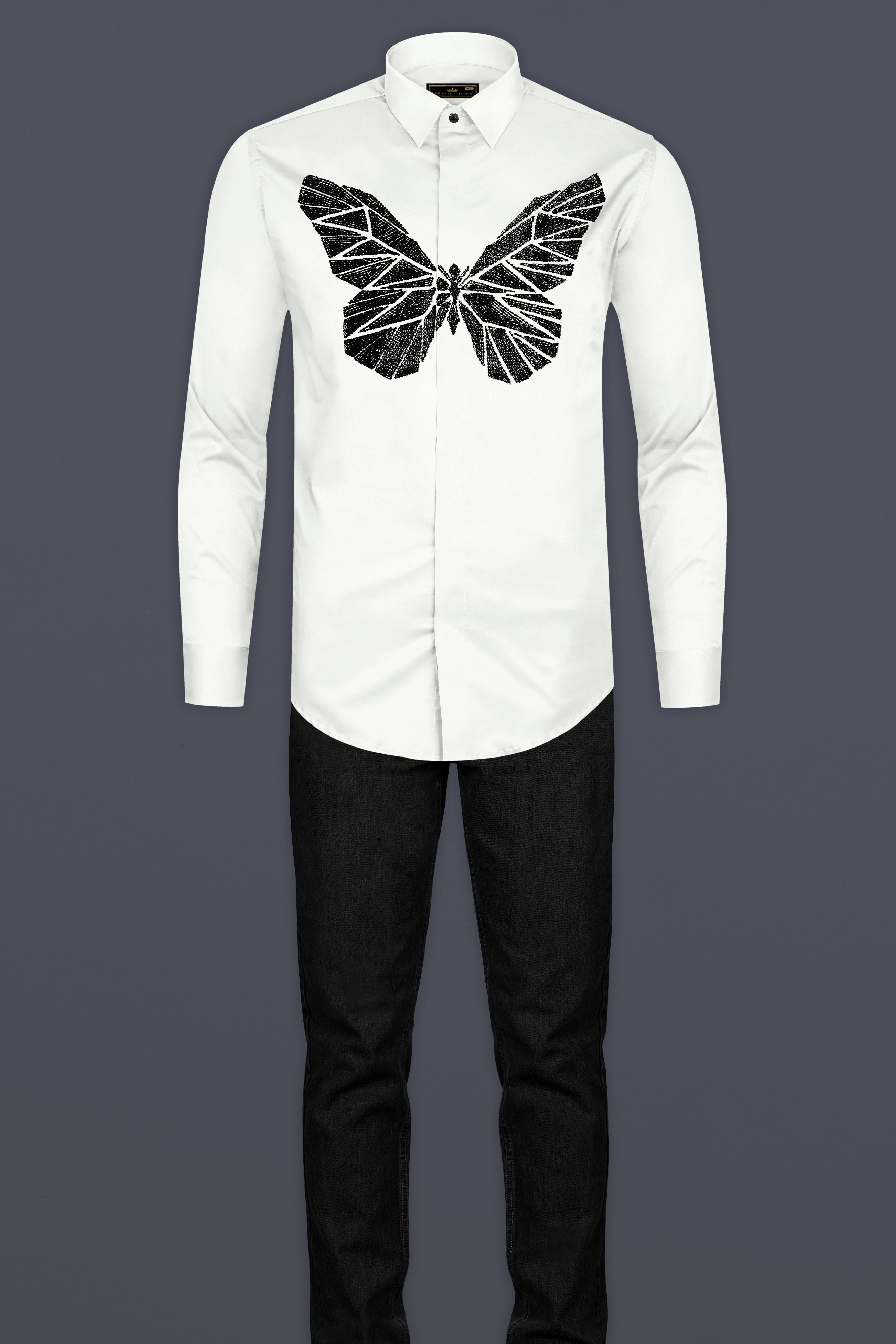 Bright White Butterfly Hand Stitched Embroidered Super Soft Premium Cotton Designer Shirt