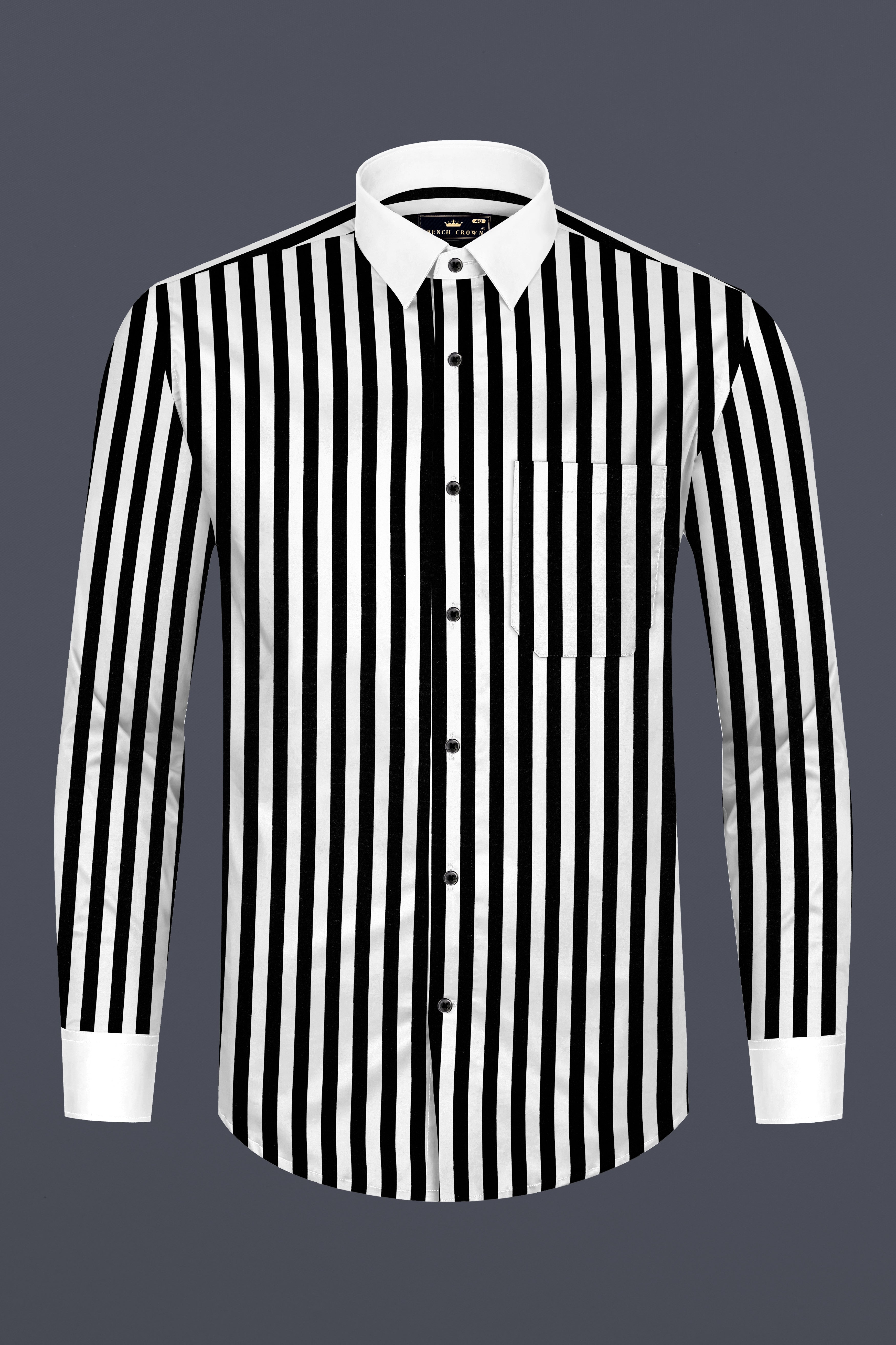 Jade Black And Bright White Stripes Printed with White Cuffs and Collar Subtle Sheen Super Soft Premium Cotton Designer Shirt