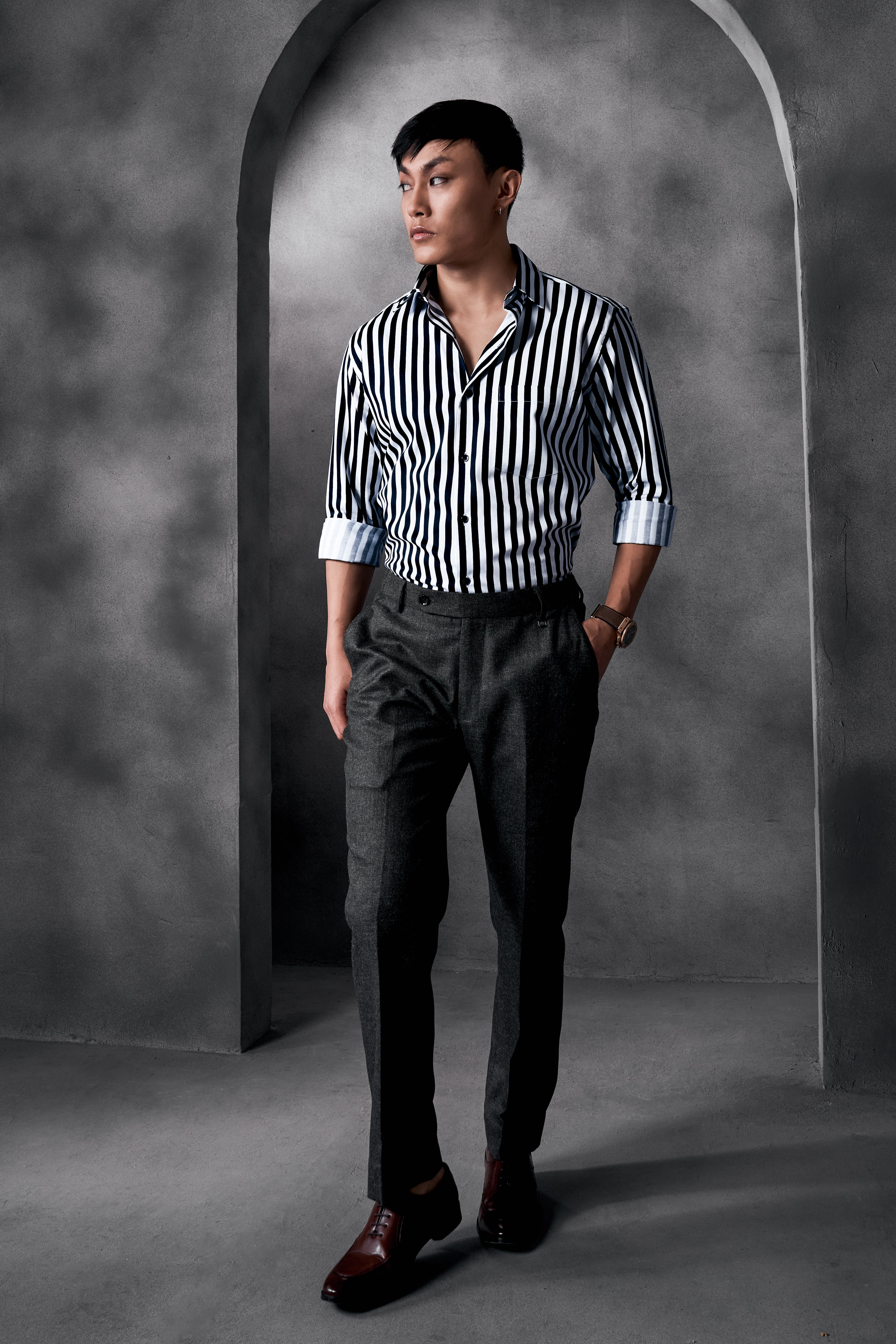 Korean Black And Bright White Stripes Printed Subtle Sheen Super Soft Premium Cotton Shirt