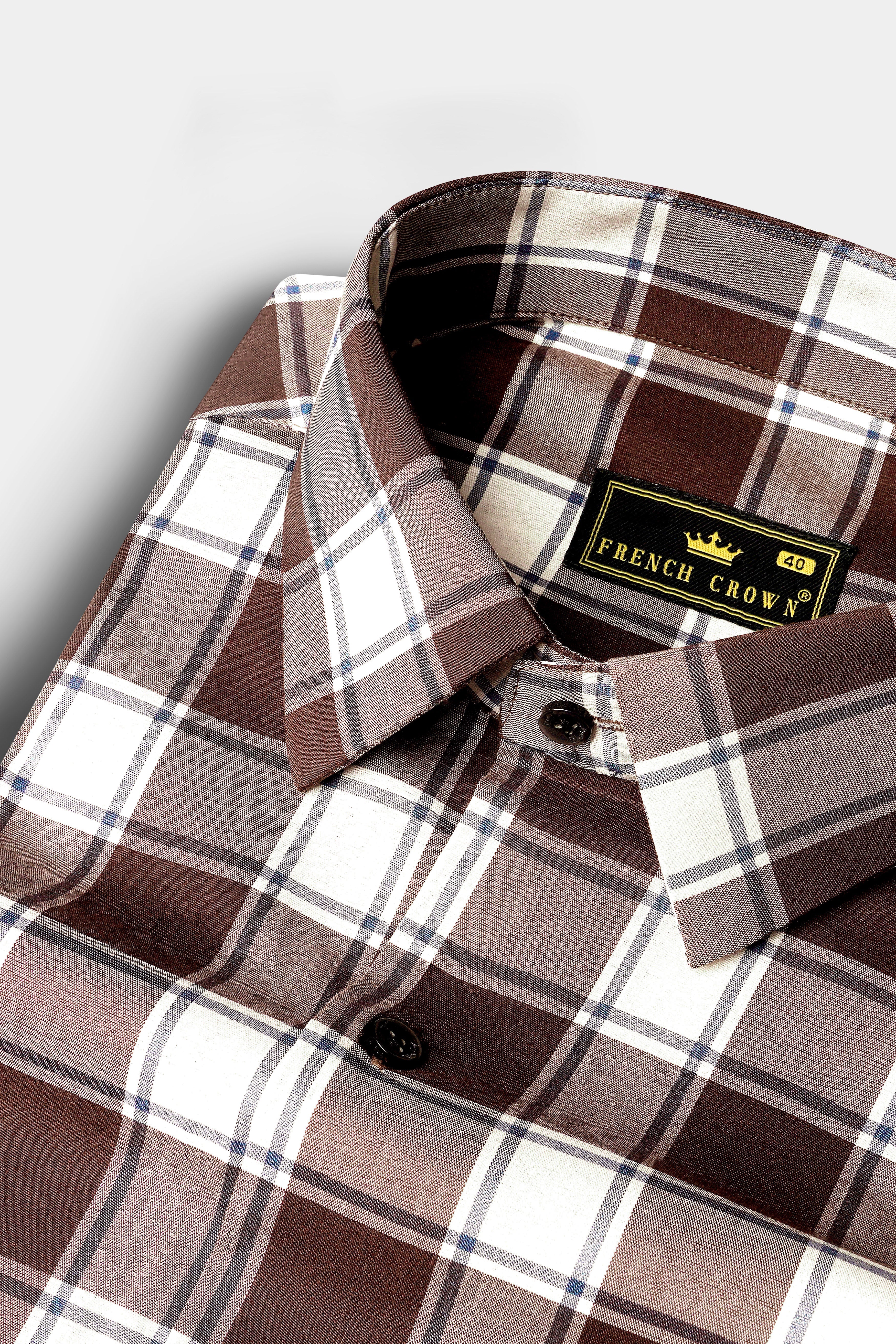 Café Noir And Bright White Plaid Giza Cotton Shirt