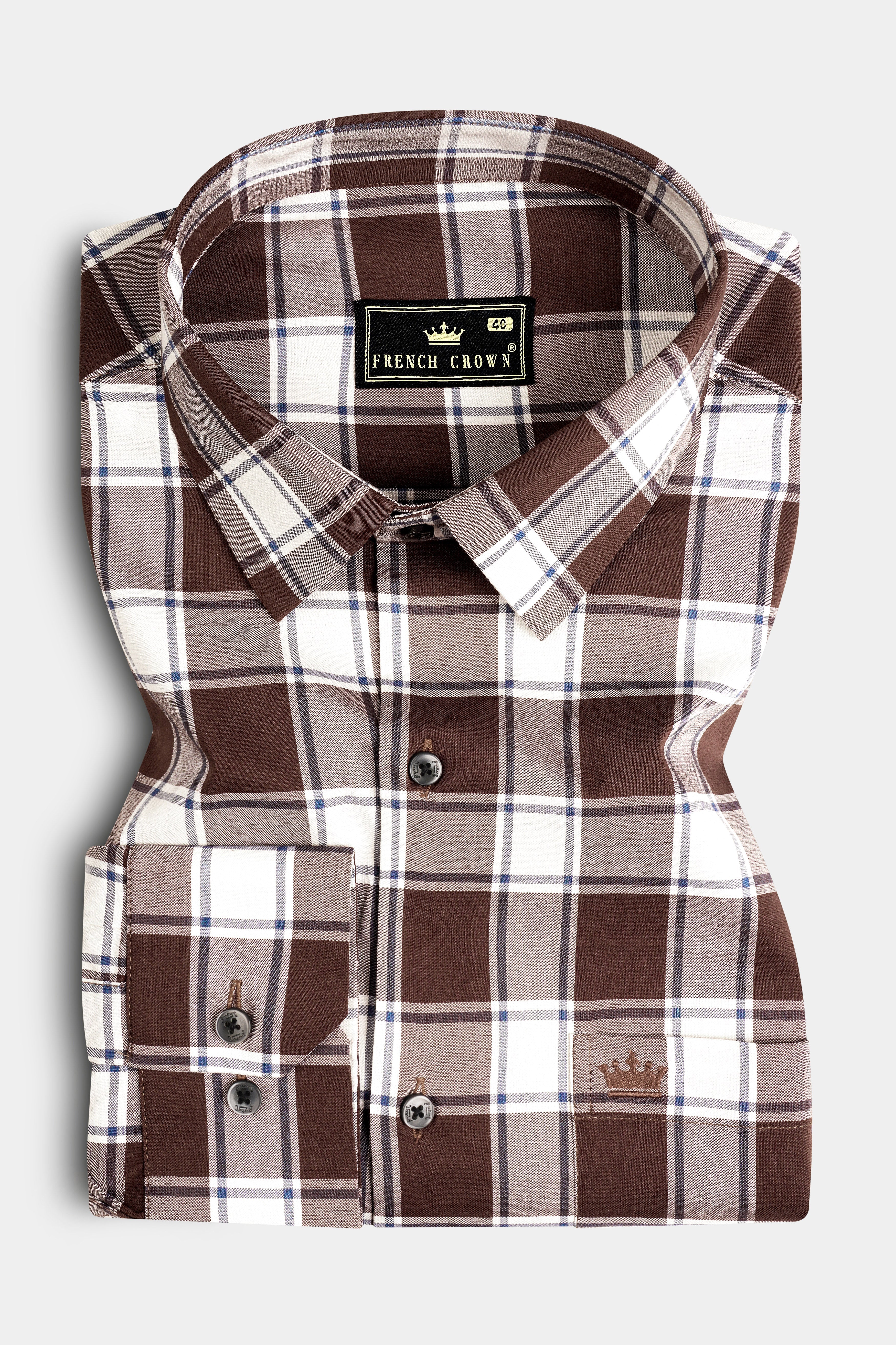 Café Noir And Bright White Plaid Giza Cotton Shirt