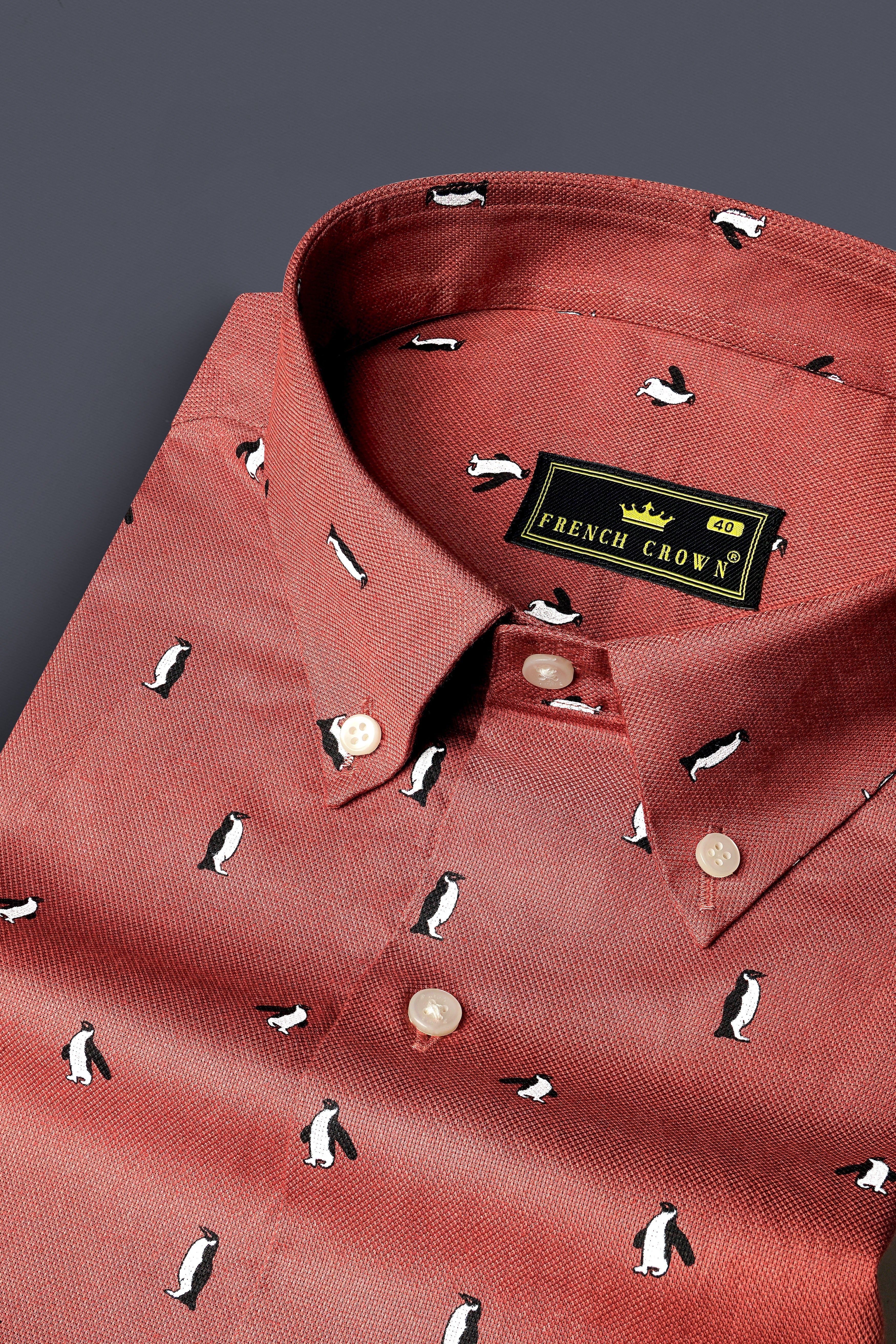 Matrix Orange Penguins Printed Dobby Textured Premium Giza Cotton Shirt