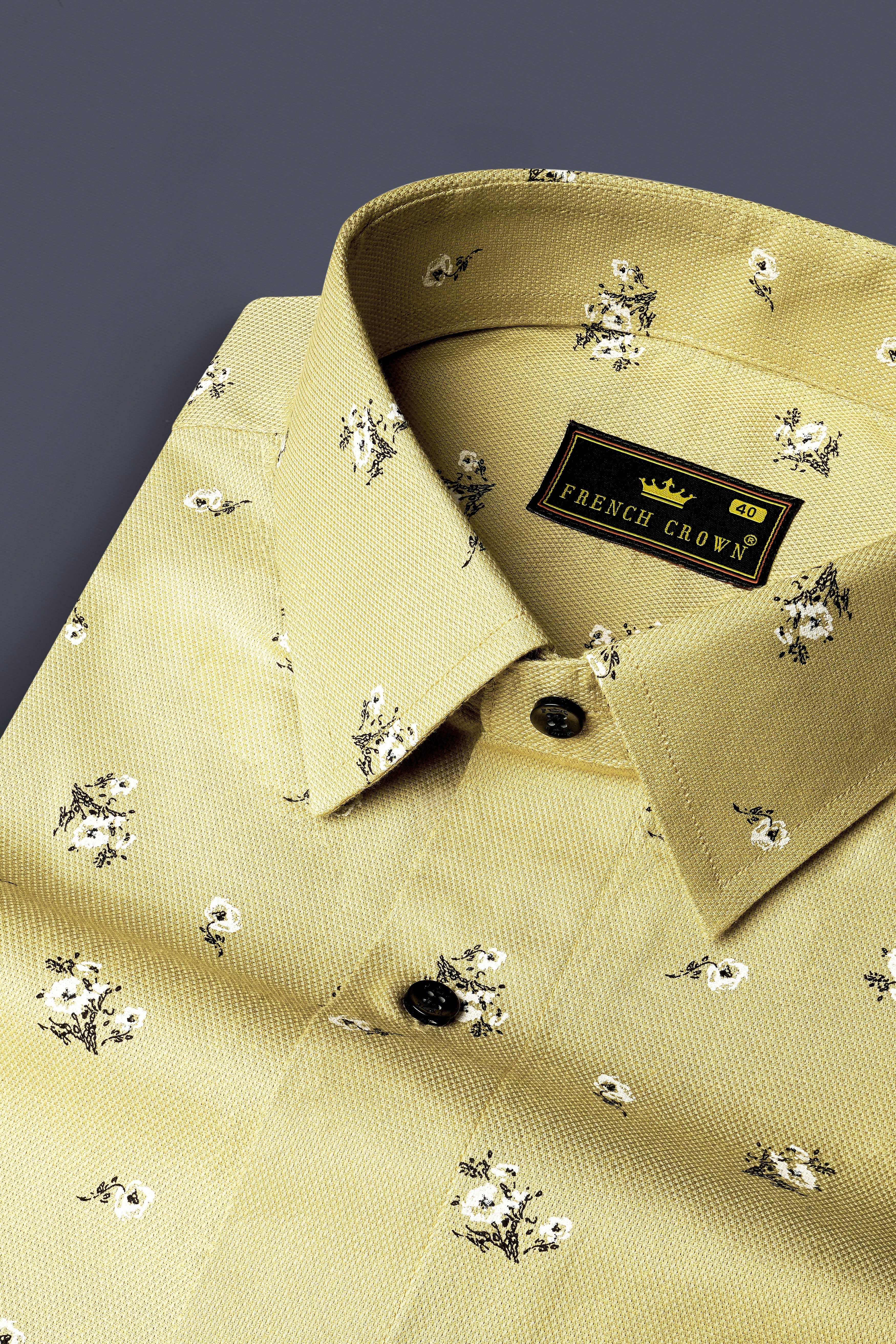 Maize Yellow Flower Printed Dobby Textured Premium Giza Cotton Shirt