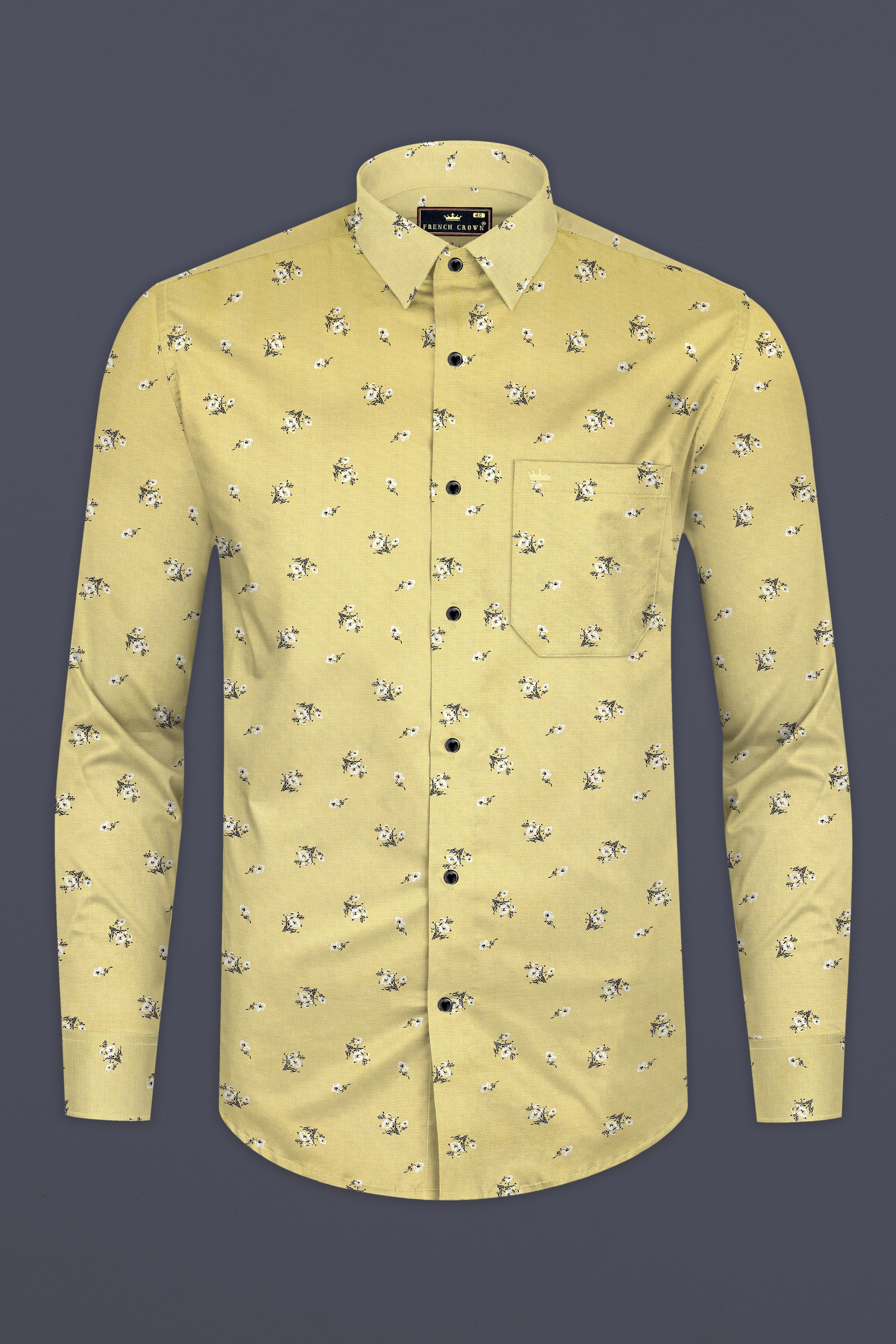 Maize Yellow Flower Printed Dobby Textured Premium Giza Cotton Shirt