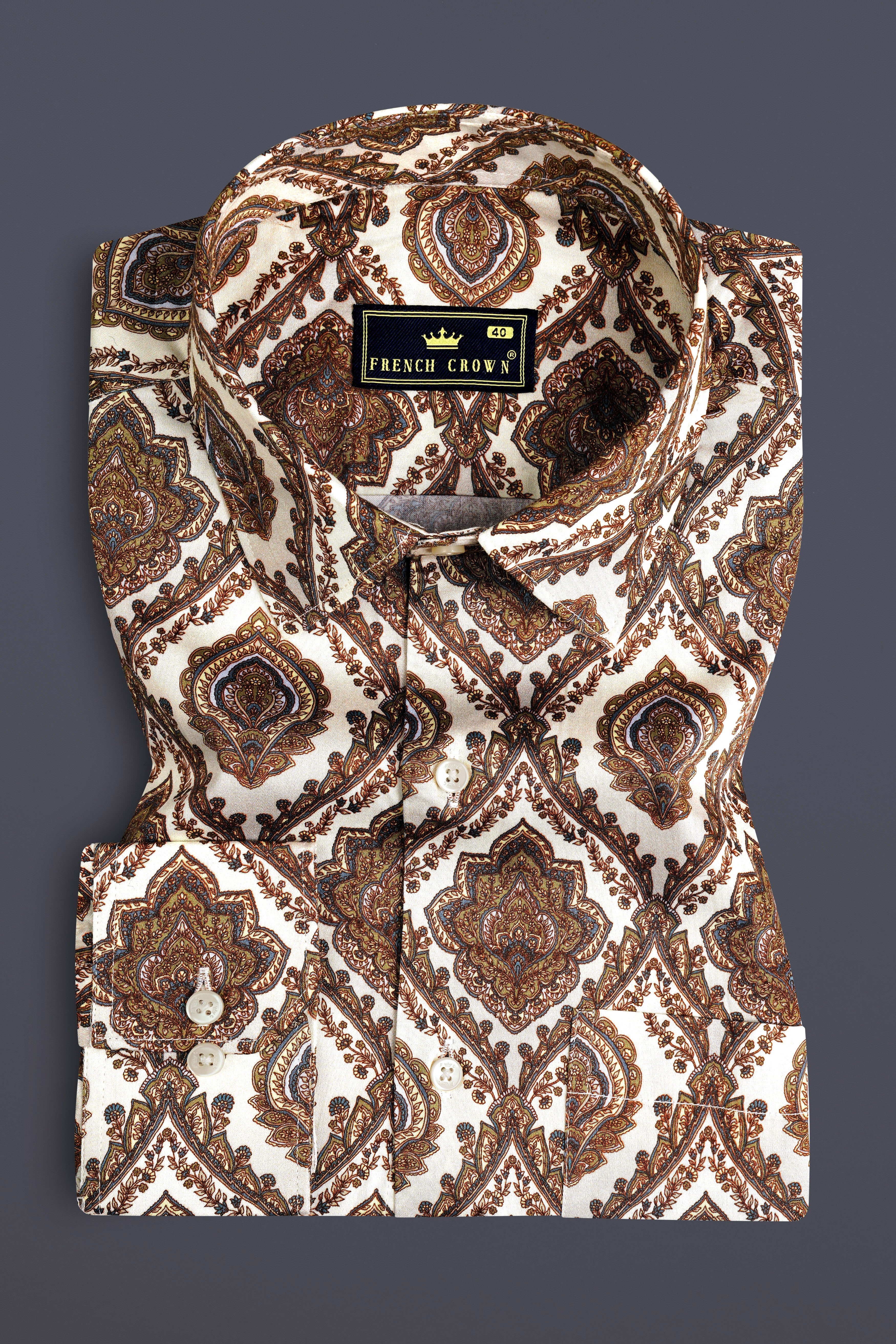 Irish Coffee Brown And Bright White Printed Subtle Sheen Super Soft Premium Cotton Shirt