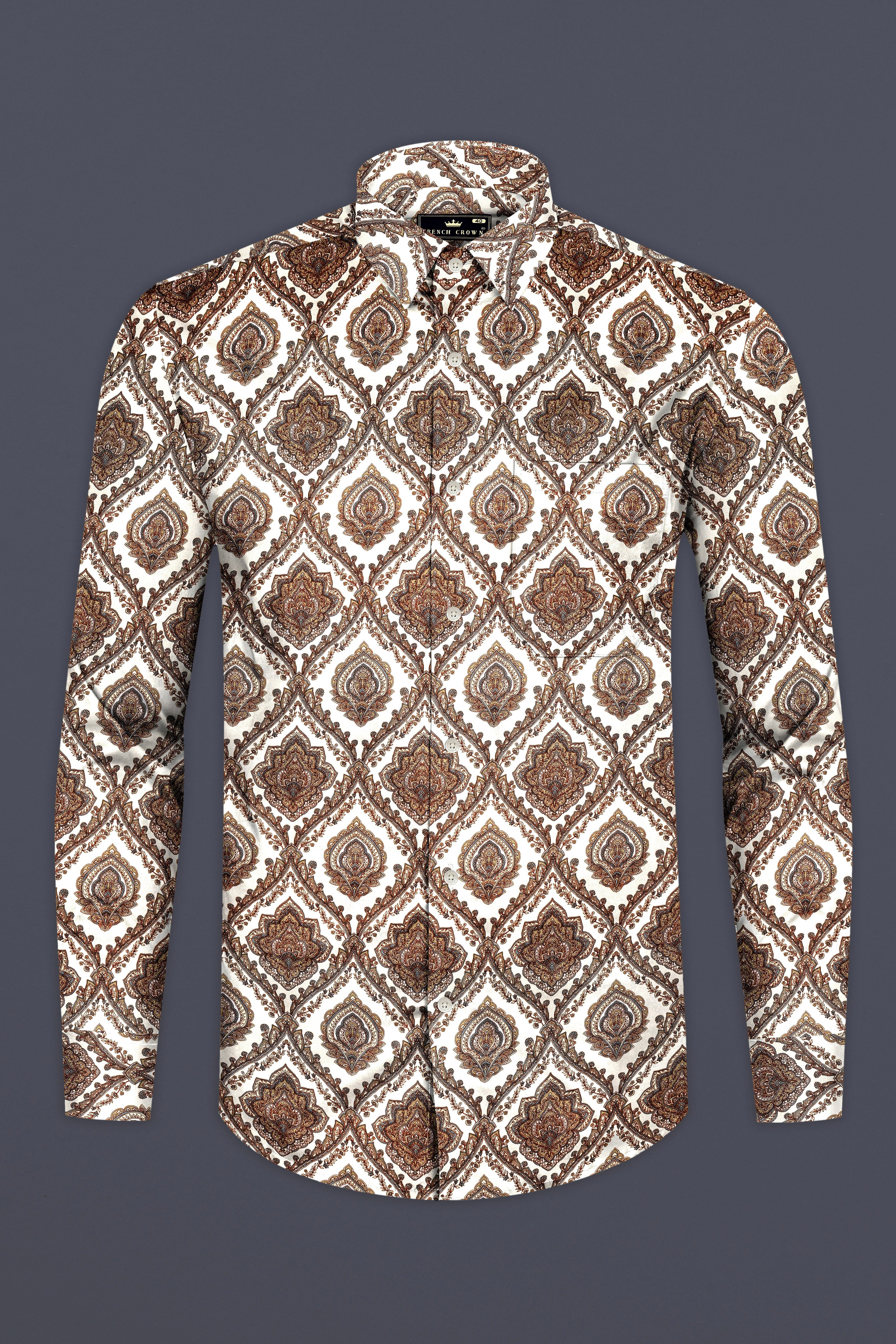 Irish Coffee Brown And Bright White Printed Subtle Sheen Super Soft Premium Cotton Shirt