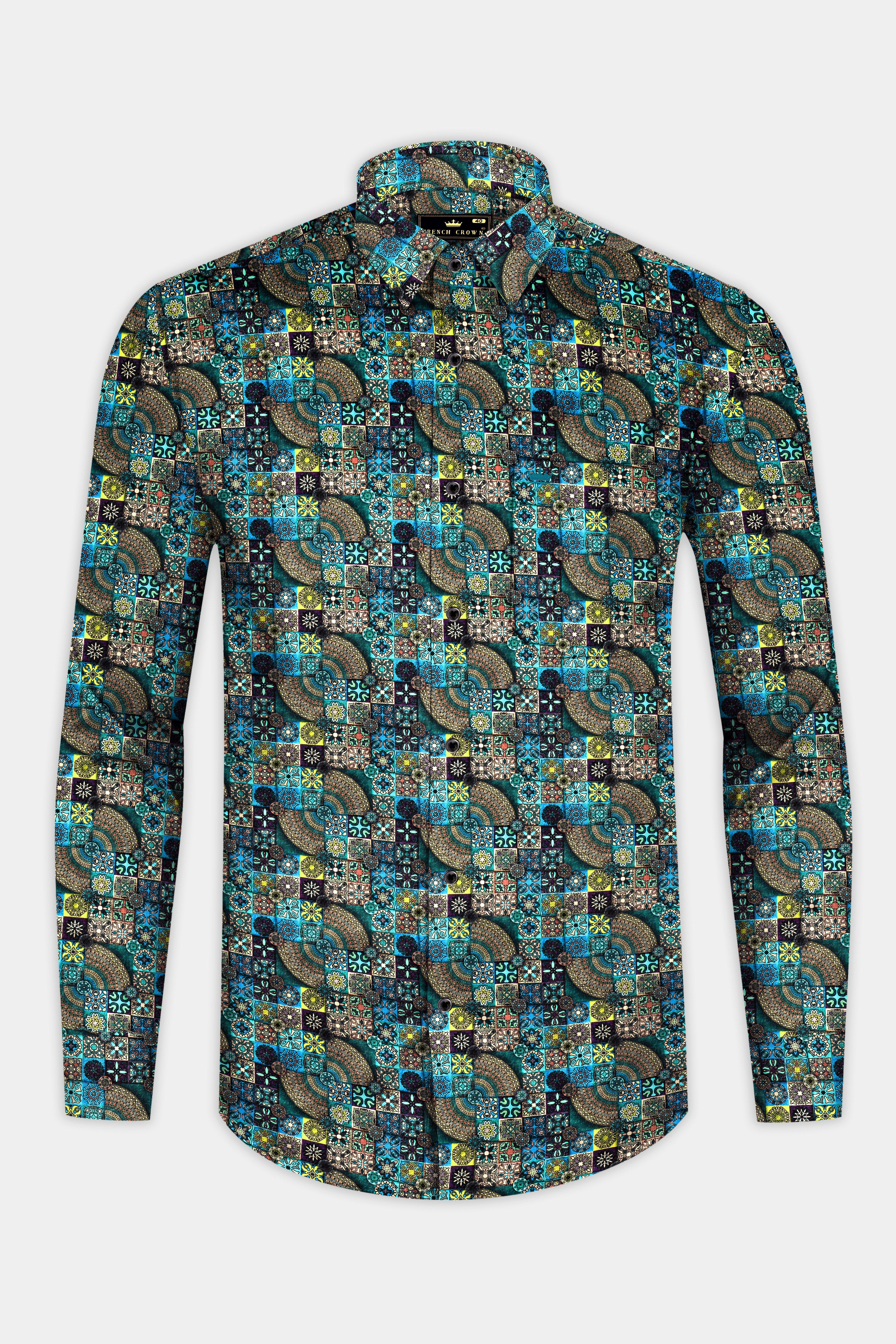 Lochinvar Blue Multicolour Digital Printed Subtle Sheen Super Soft Premium Cotton Shirt