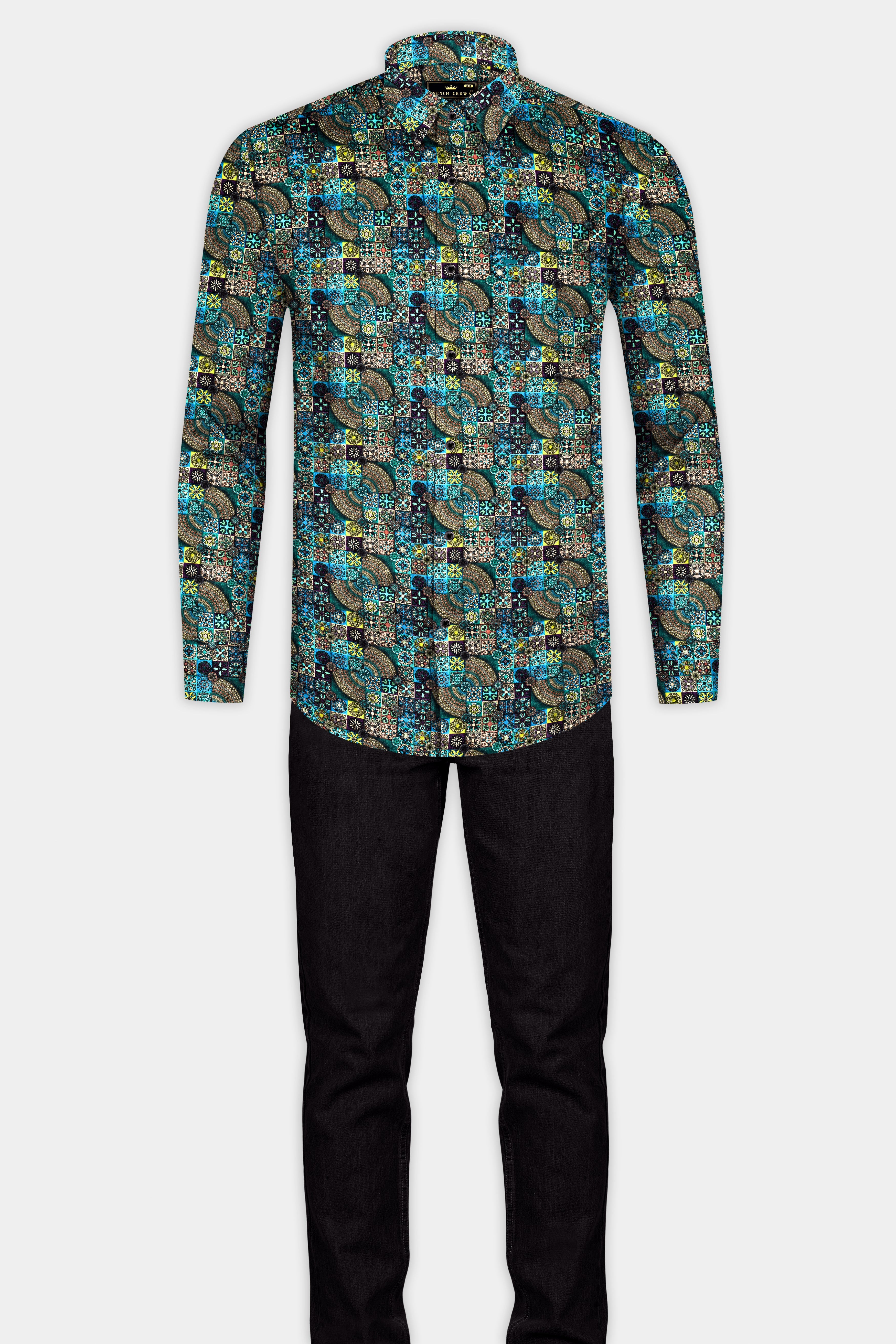 Lochinvar Blue Multicolour Digital Printed Subtle Sheen Super Soft Premium Cotton Shirt