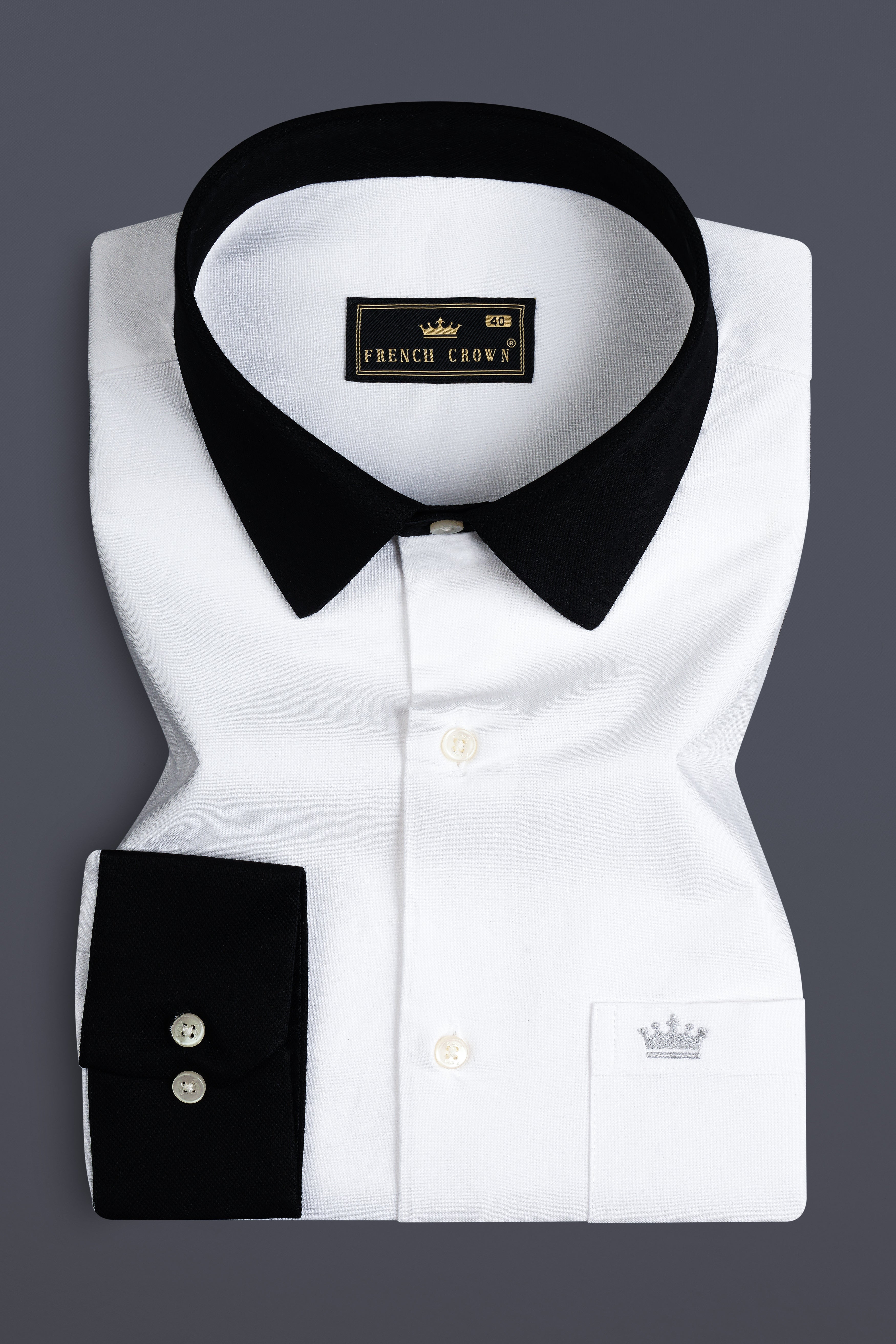 Bright White Solid Royal Oxford Premium Cotton Black Cuff Collar Shirt