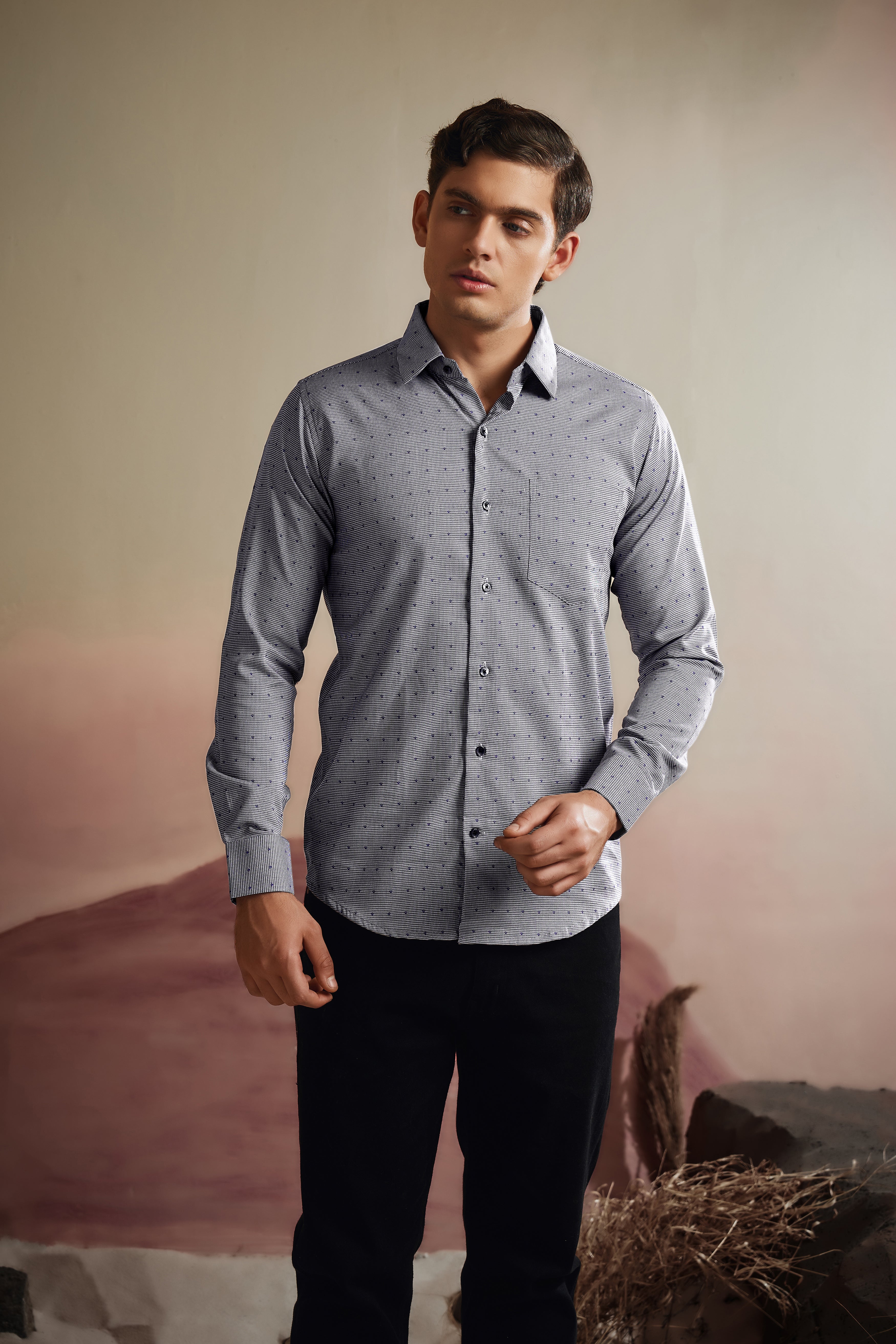 Vampire Gray Houndstooth Dobby Textured Premium Giza Cotton Shirt