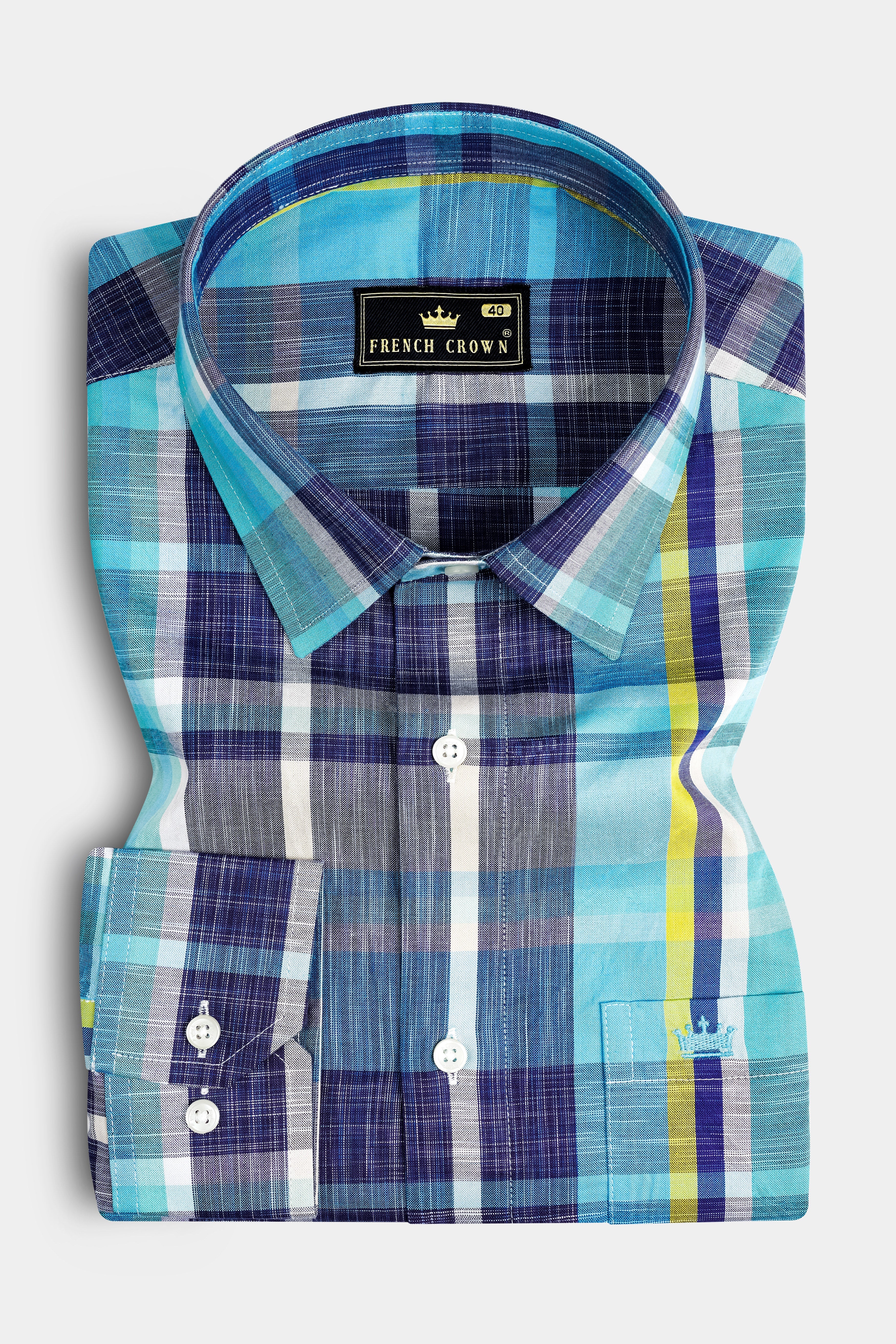 Violent Blue And Citrine Yellow Checked premium Cotton Shirt