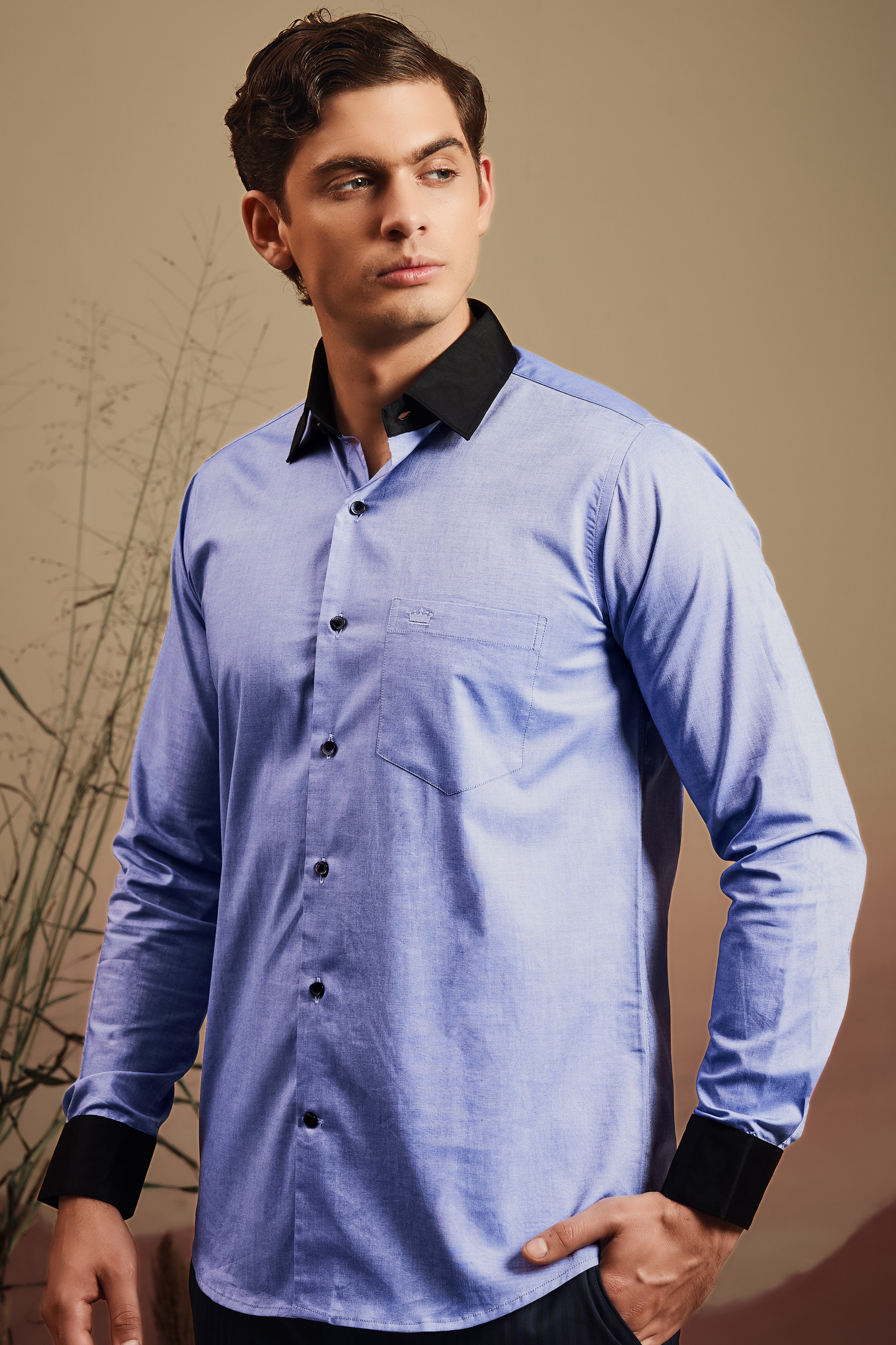 Wistful Blue Solid Premium Cotton Black cuff Collar Shirt