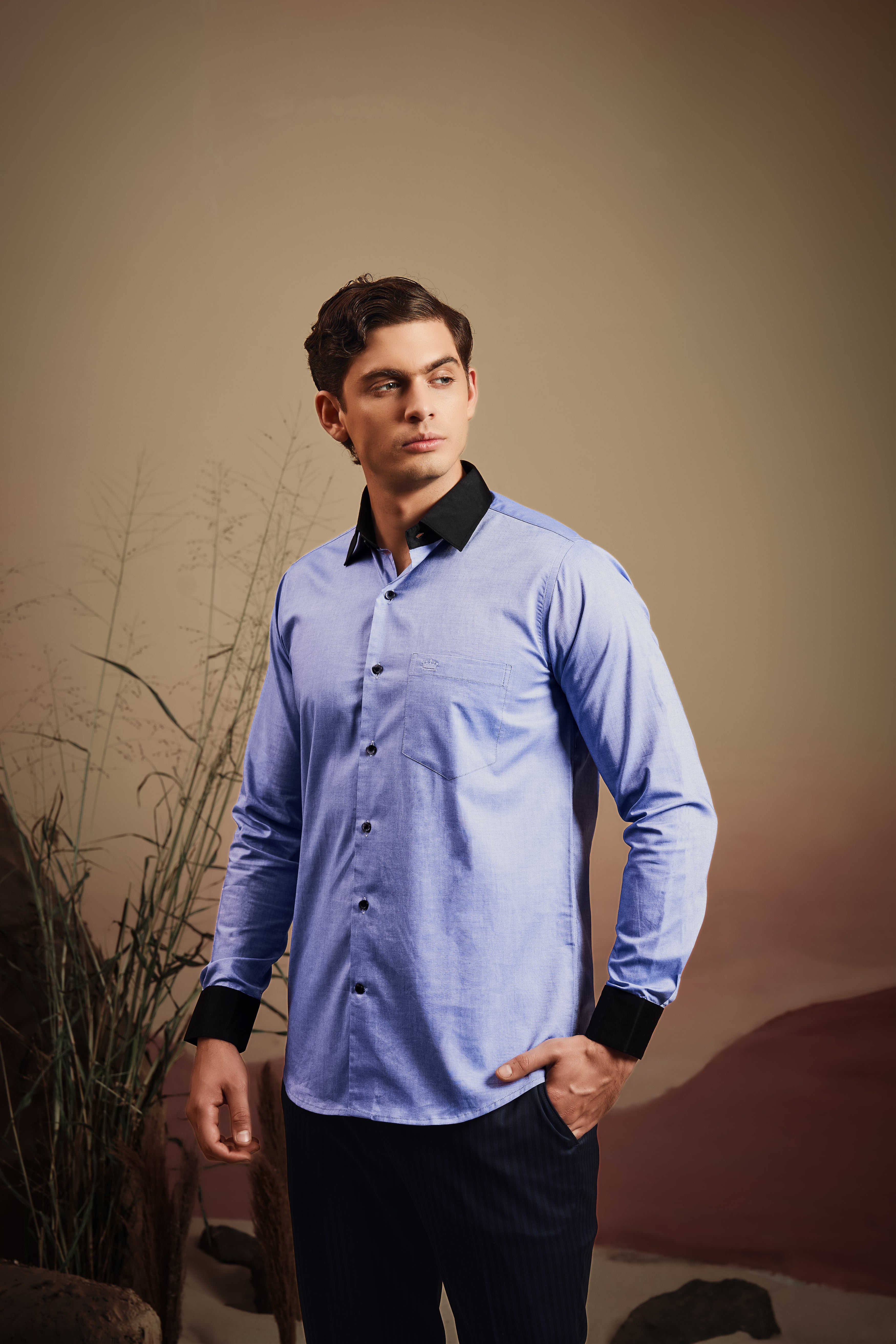 Wistful Blue Solid Premium Cotton Black cuff Collar Shirt