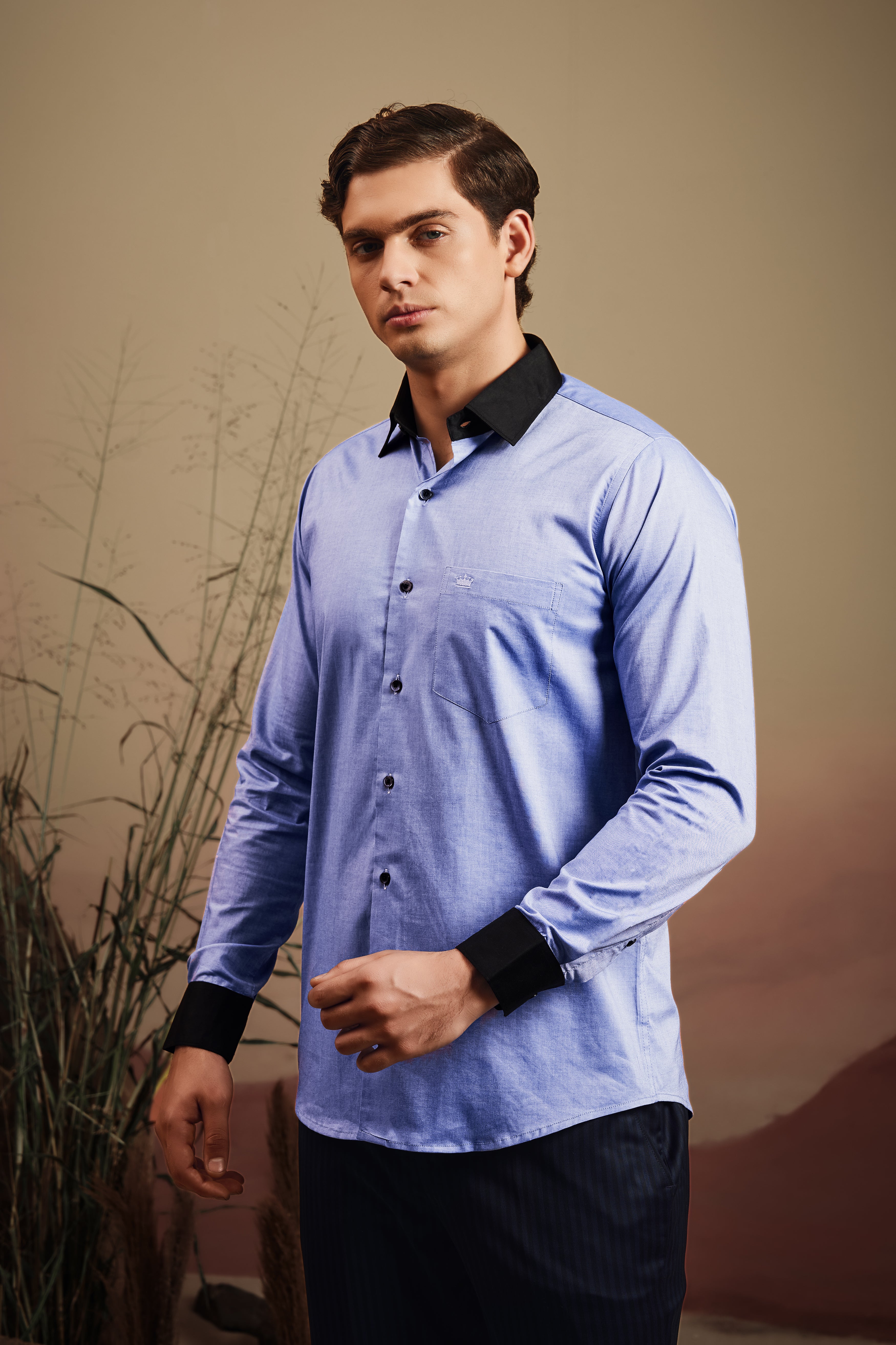 Wistful Blue Solid Premium Cotton Black cuff Collar Shirt