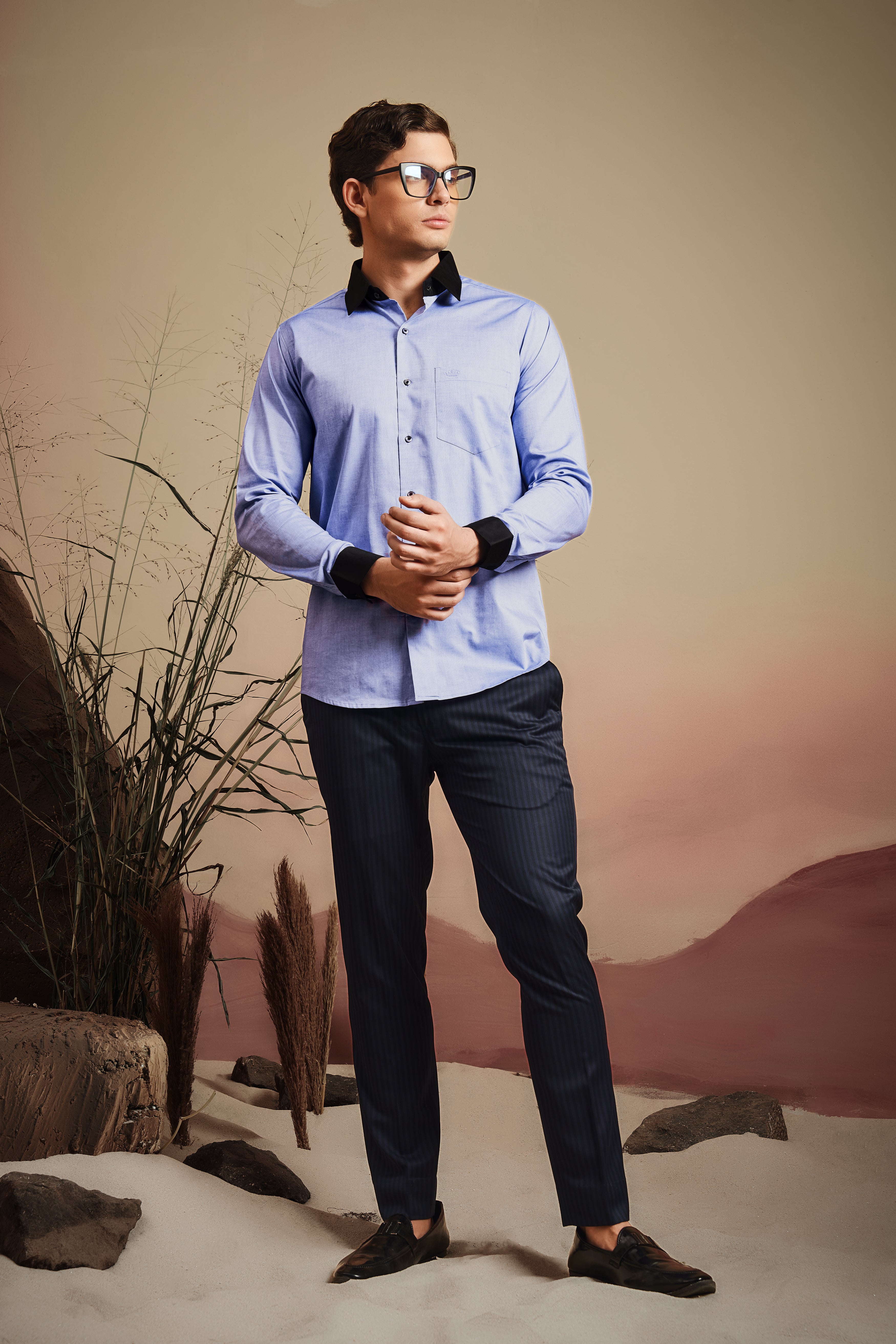 Wistful Blue Solid Premium Cotton Black cuff Collar Shirt