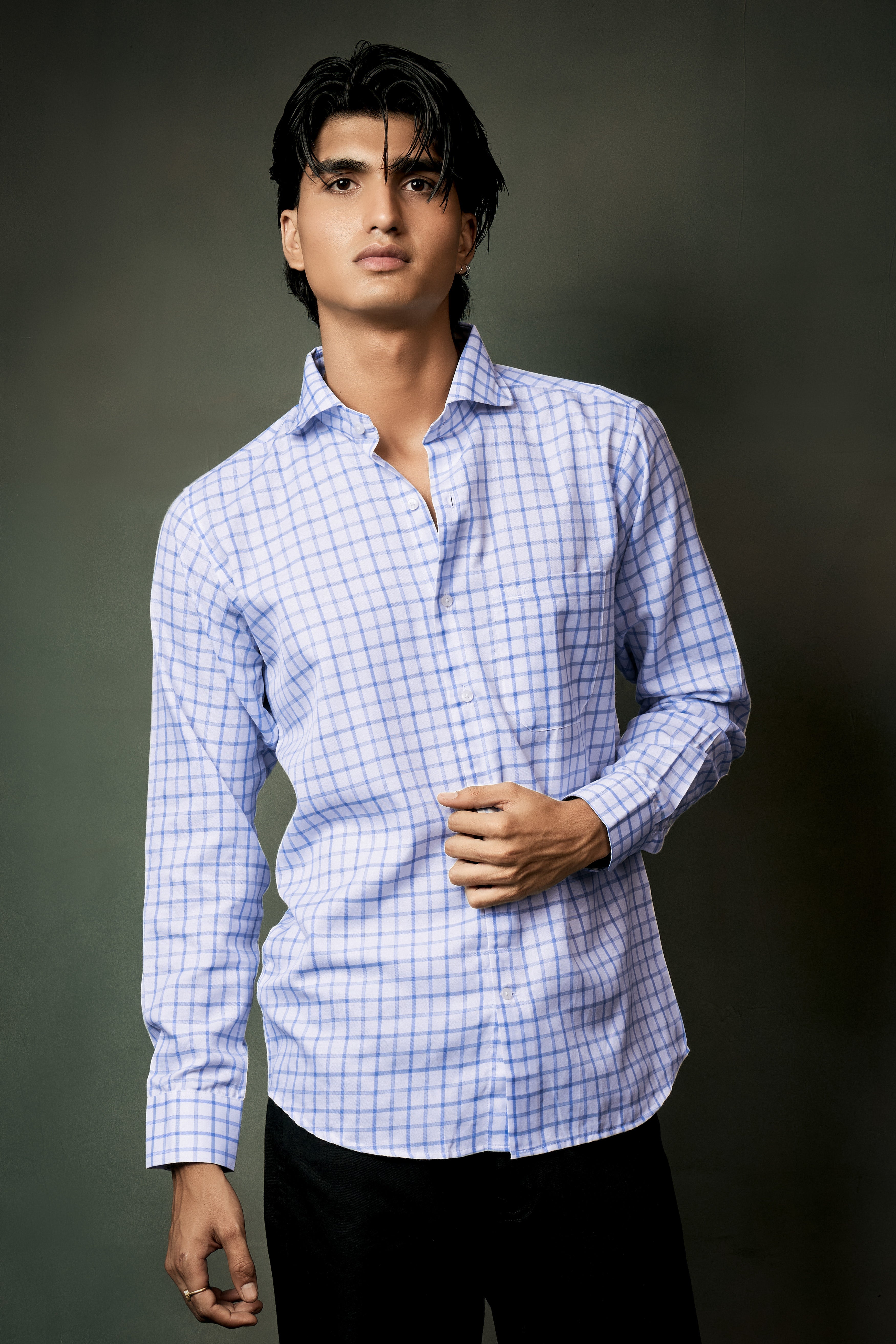 Spindle Blue And Bright White Plaid Twill Premium Cotton Shirt