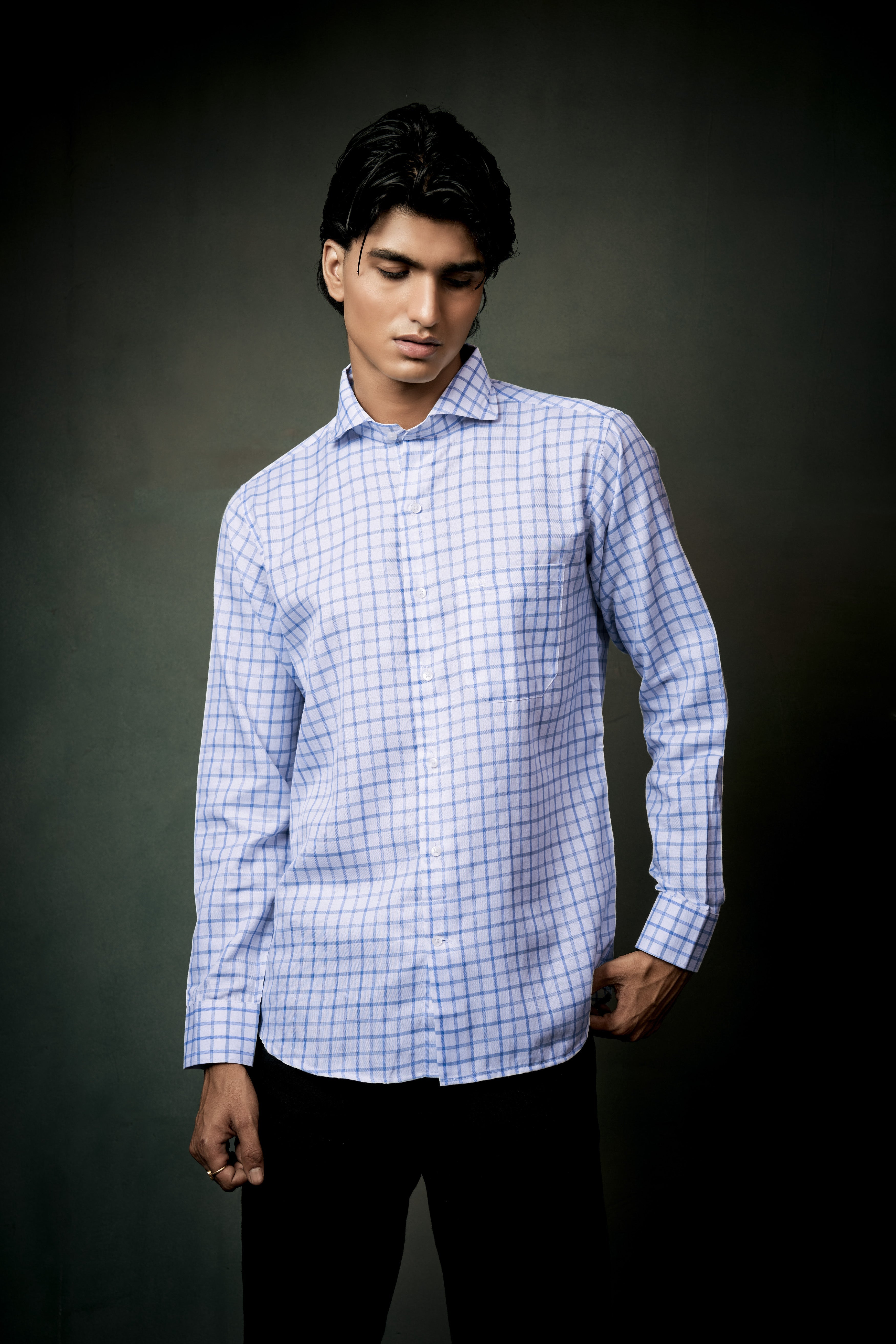 Spindle Blue And Bright White Plaid Twill Premium Cotton Shirt